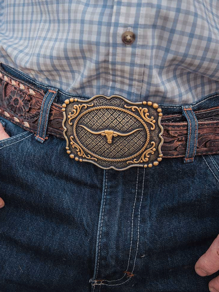Montana Silversmiths A1003P Antique Silver Framed Longhorn Attitude Belt Buckle for Cowboy Western Outfits and Rodeo Events