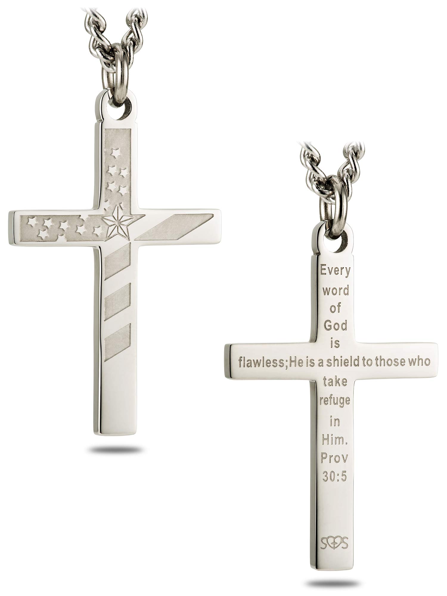 Shields of Strength Men's Cross Necklace - Stainless Steel or 14K Gold - American Flag & Bible Verse - Christian Gift for Daily Wear