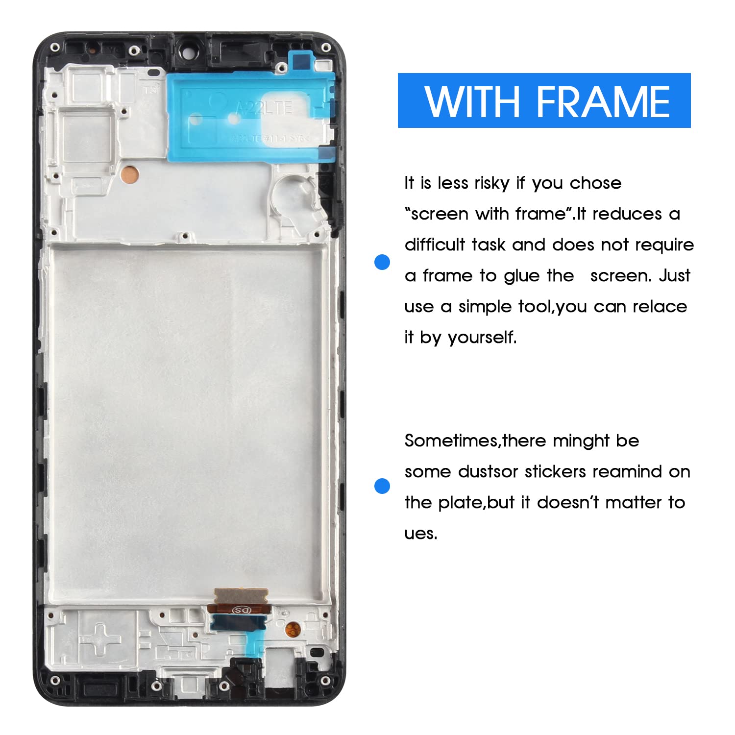 Original Title: AMOLED for Samsung Galaxy A22 4G LCD Display Touch Screen Digitizer Assembly Replacement Kit for Samsung A225 A225F SM-A225F SM-A225F/DS SM-A225M SM-A225M/DS LCD Glass Panel with Frame   Optimized Title: **Samsung Galaxy A22 4G AMOLED LCD Display Touch Screen Digitizer Assembly Replacement Kit – Compatible with A225, A225F, SM-A225F, SM-A225F/DS, SM-A225M, SM-A225M/DS – Includes Glass Panel & Frame – Perfect for DIY Phone Repairs & Screen Replacements**