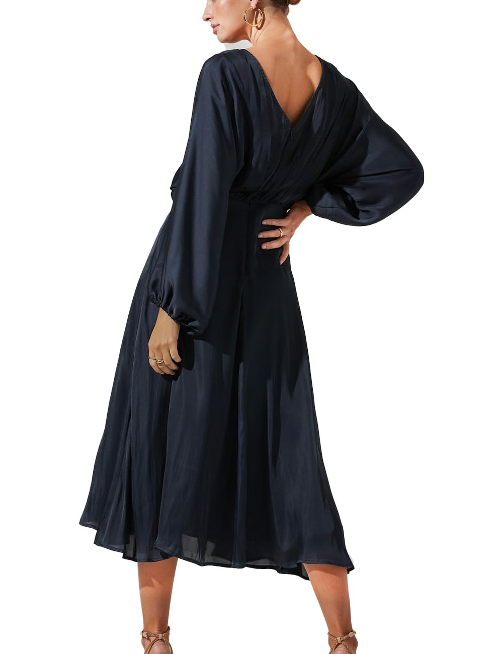 Elegant Fall Satin Ruched Slit Dress for Women 2023 - Batwing Long Sleeve Midi Silk Dress with V-Cut Back, A-Line Formal Wedding Guest Dress | Perfect for Evening Parties, Cocktail Events & Special Occasions