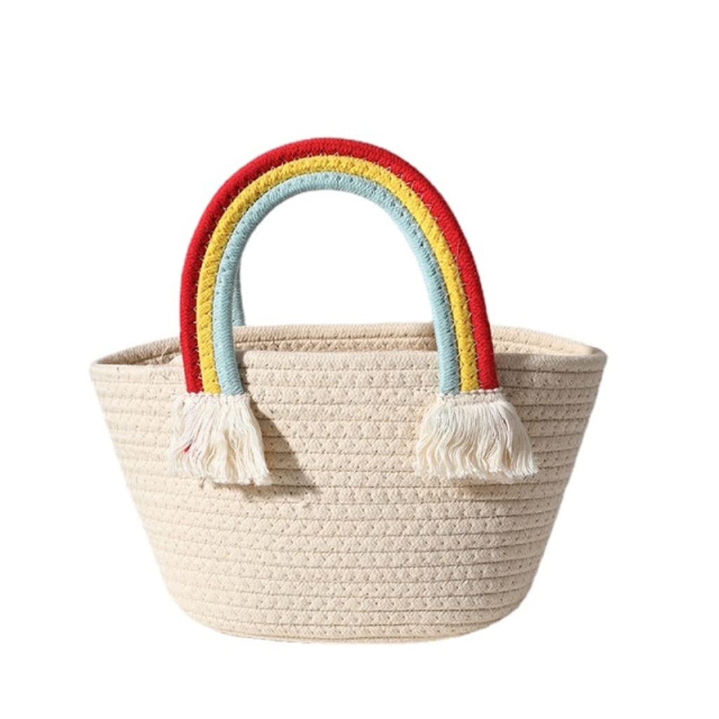 Rainbow Cloud Handbag - Handmade Cotton Woven Beach Bag for Women | Stylish Straw Purse for Summer, Vacation & Seaside Outings (White, One Size) | Perfect for Beach Trips, Picnics & Boho Fashion