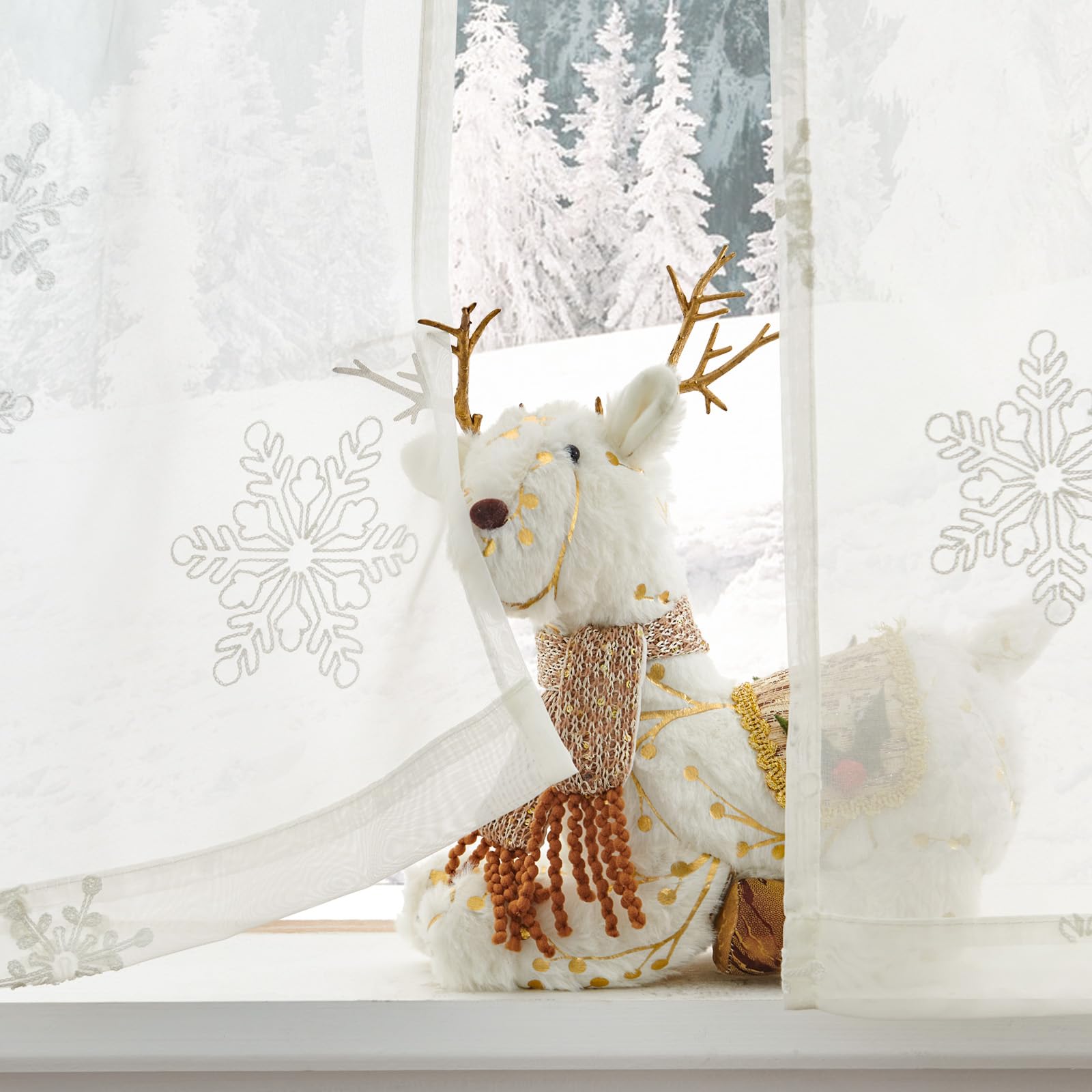 Jinchan White Sheer Curtains 24 Inch - Snowflake Embroidered Voile Tier Drapes for Kitchen, Bathroom, Bedroom & RV - Winter Holiday Decor with Rod Pocket (2 Panels) - Perfect for Small Windows, Cafe Style & Seasonal Home Decor