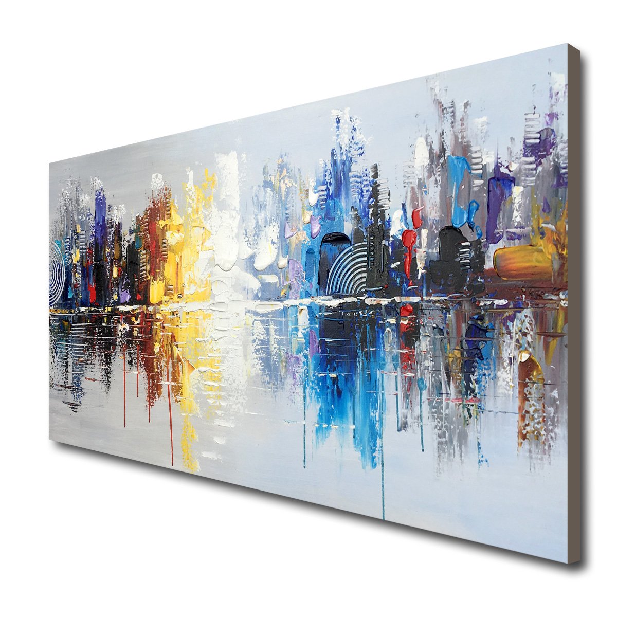Hand Painted Modern Cityscape Oil Painting on Canvas - Abstract Reflection Wall Art Decor for Living Room - 48x24 Inch Large Contemporary Home Decor