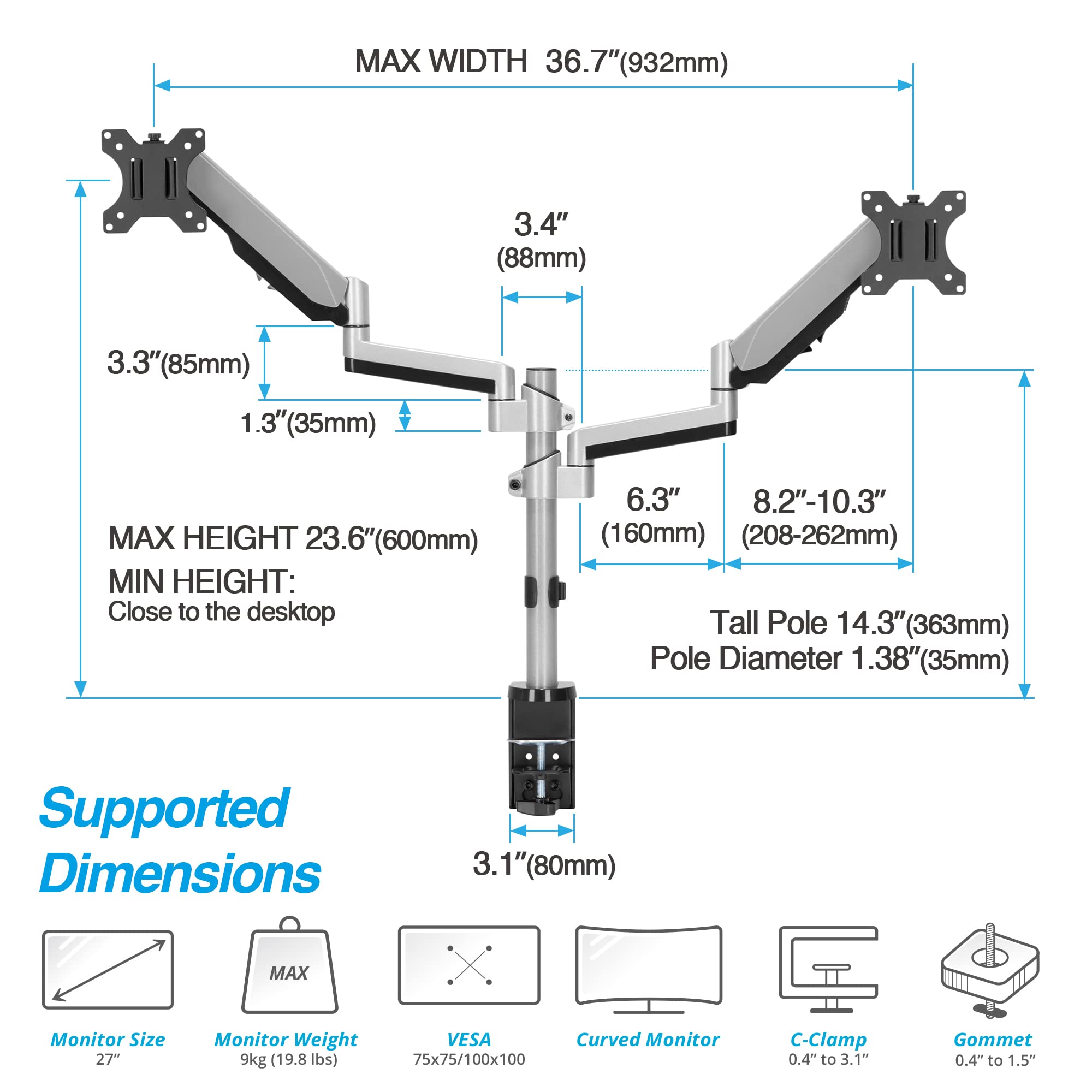 AVLT Dual 13-27 Inch Adjustable Monitor Arm for Two Flat or Curved Screens - Full Motion Height Swivel Tilt Rotation - VESA C-Clamp Grommet Mount with Cable Management - Perfect for Home Office Gaming and Workspace Setup