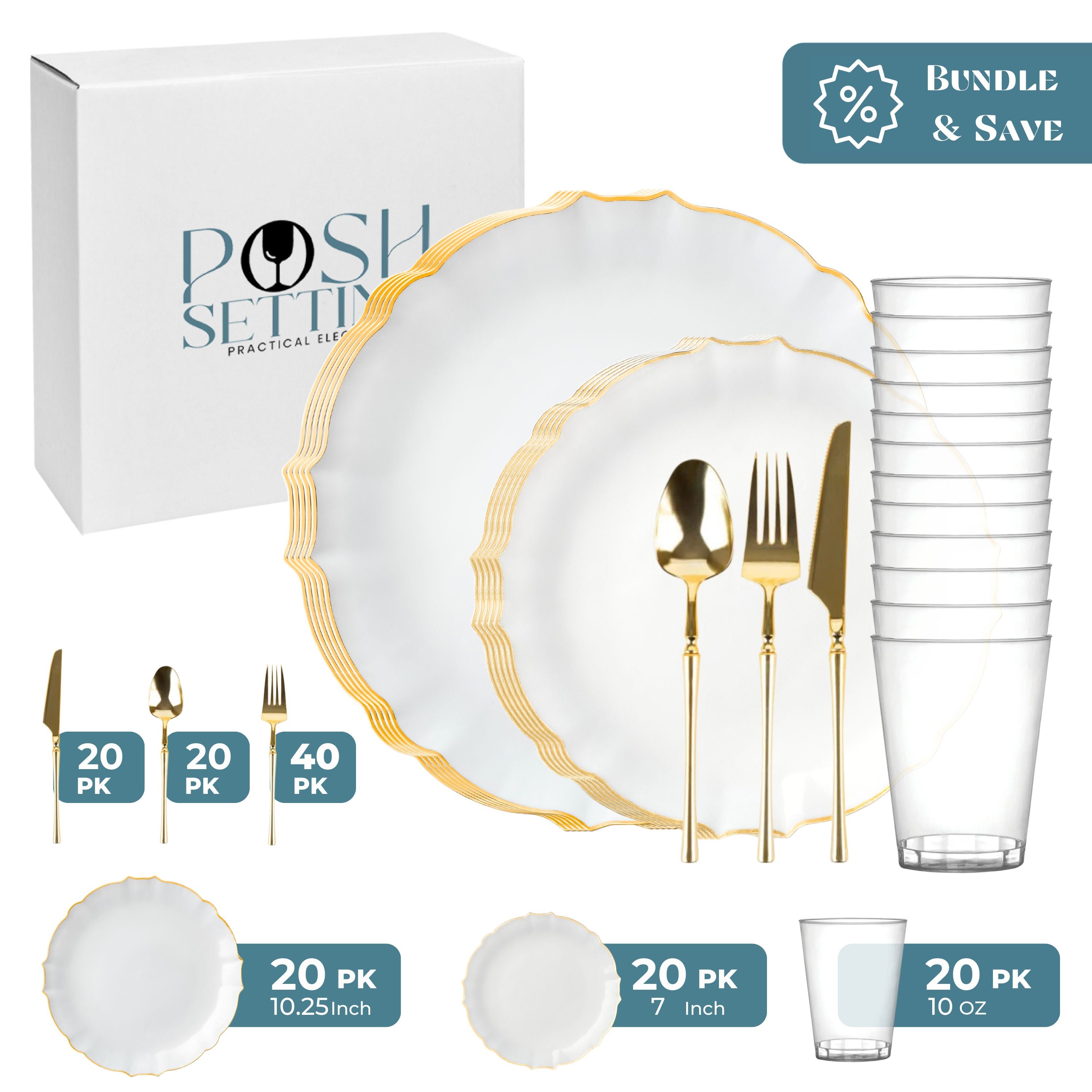 Luxury White & Gold Plastic Party Bundle - Elegant Disposable Tableware Set for Weddings, Birthdays & Special Events