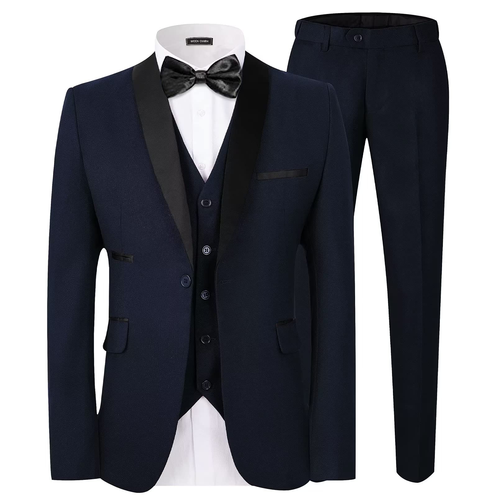 WEEN CHARM Men's Slim Fit 3 Piece Suit Set - One Button Shawl Lapel Blazer with Vest & Pants | Formal Tuxedo for Weddings, Business Meetings & Special Occasions