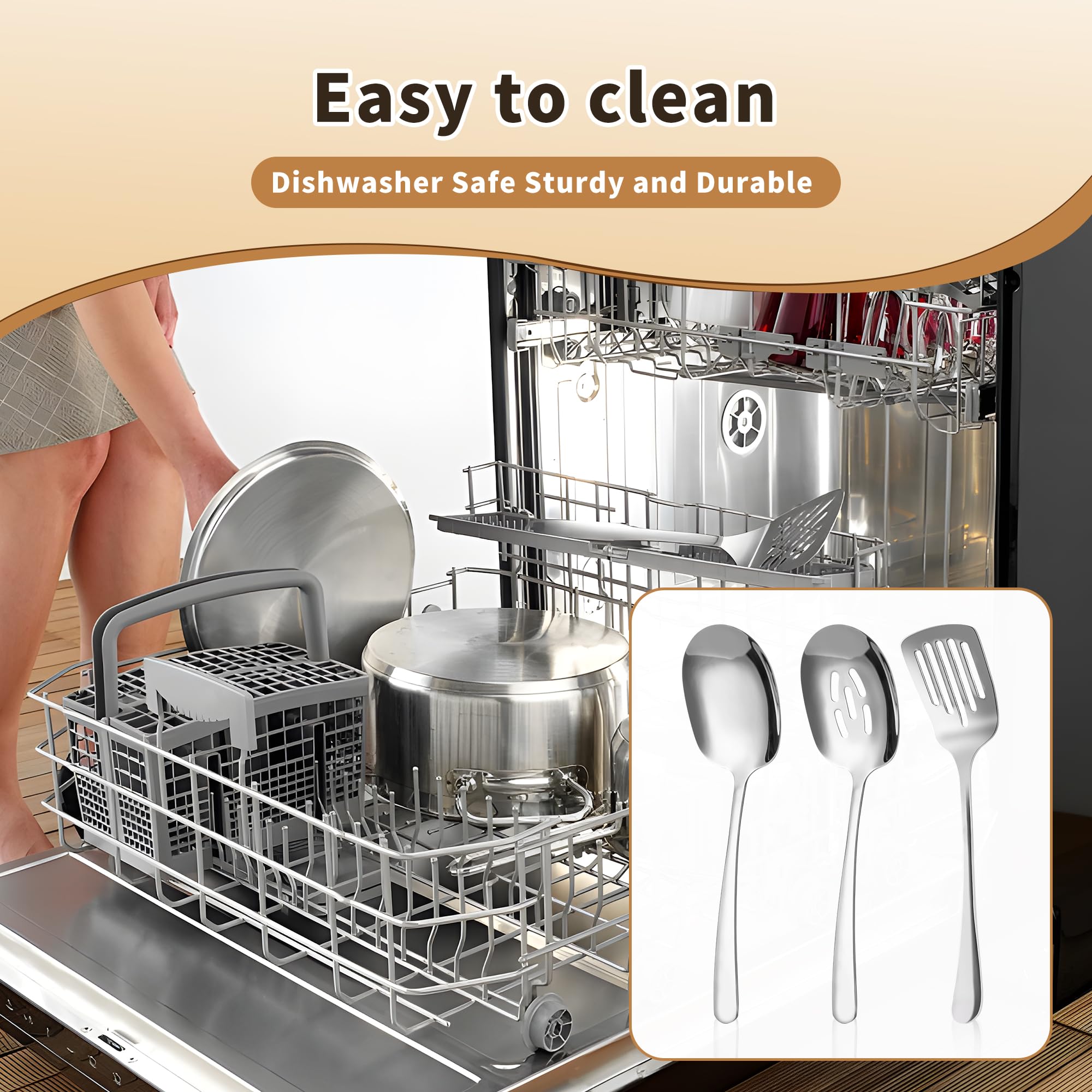 3-Piece Stainless Steel Serving Spoon Set - 18/8 Large Serving Utensils Includes Serving Spoon, Slotted Spoon & Turner - Premium Kitchen Tools for Cooking, Serving & Entertaining - Dishwasher Safe for Easy Cleaning