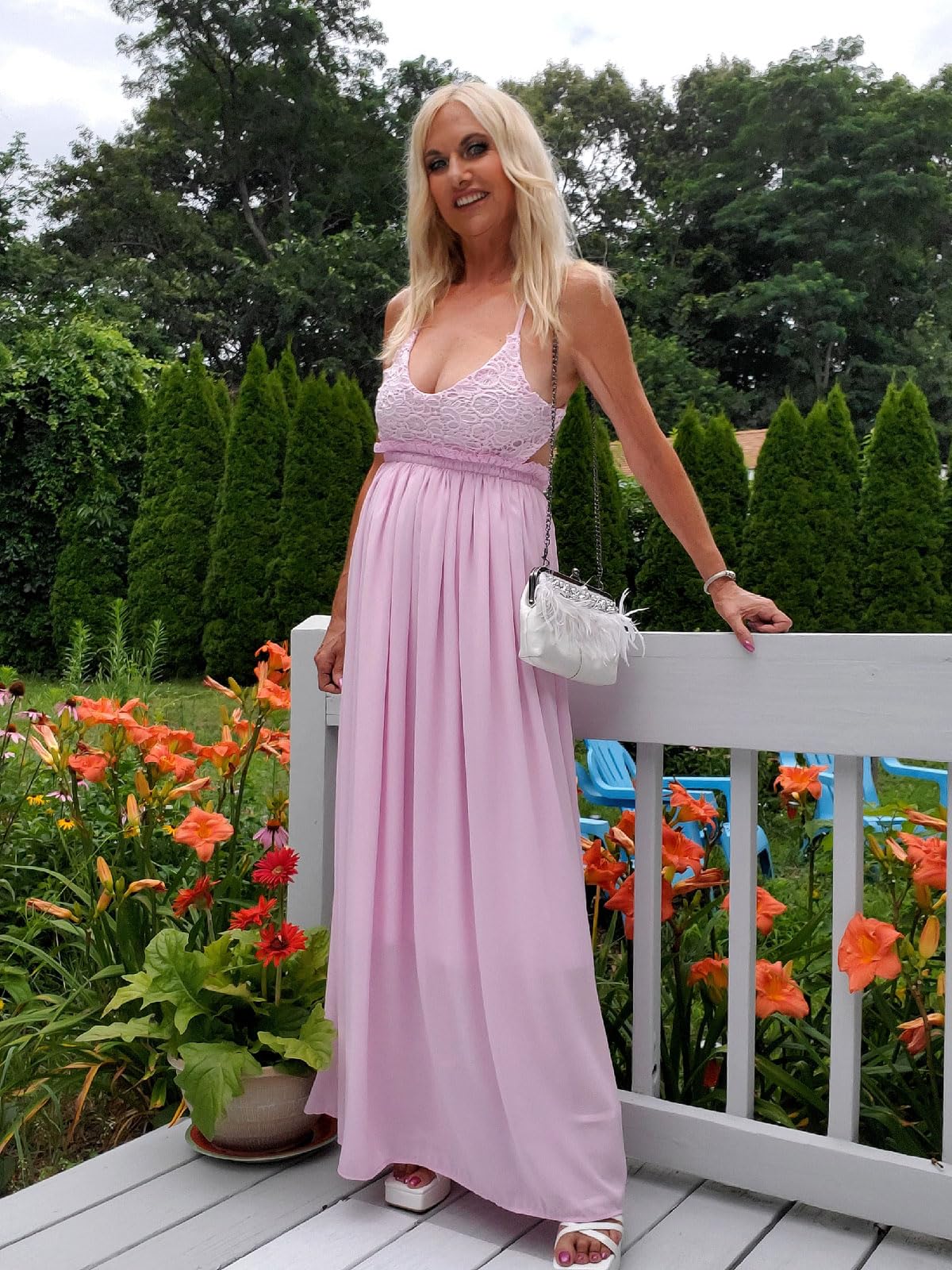 Ladmous Women's V-Neck Floral Lace Wedding Dress - Sleeveless Bridesmaid Gown for Evening Party, Prom, and Formal Occasions