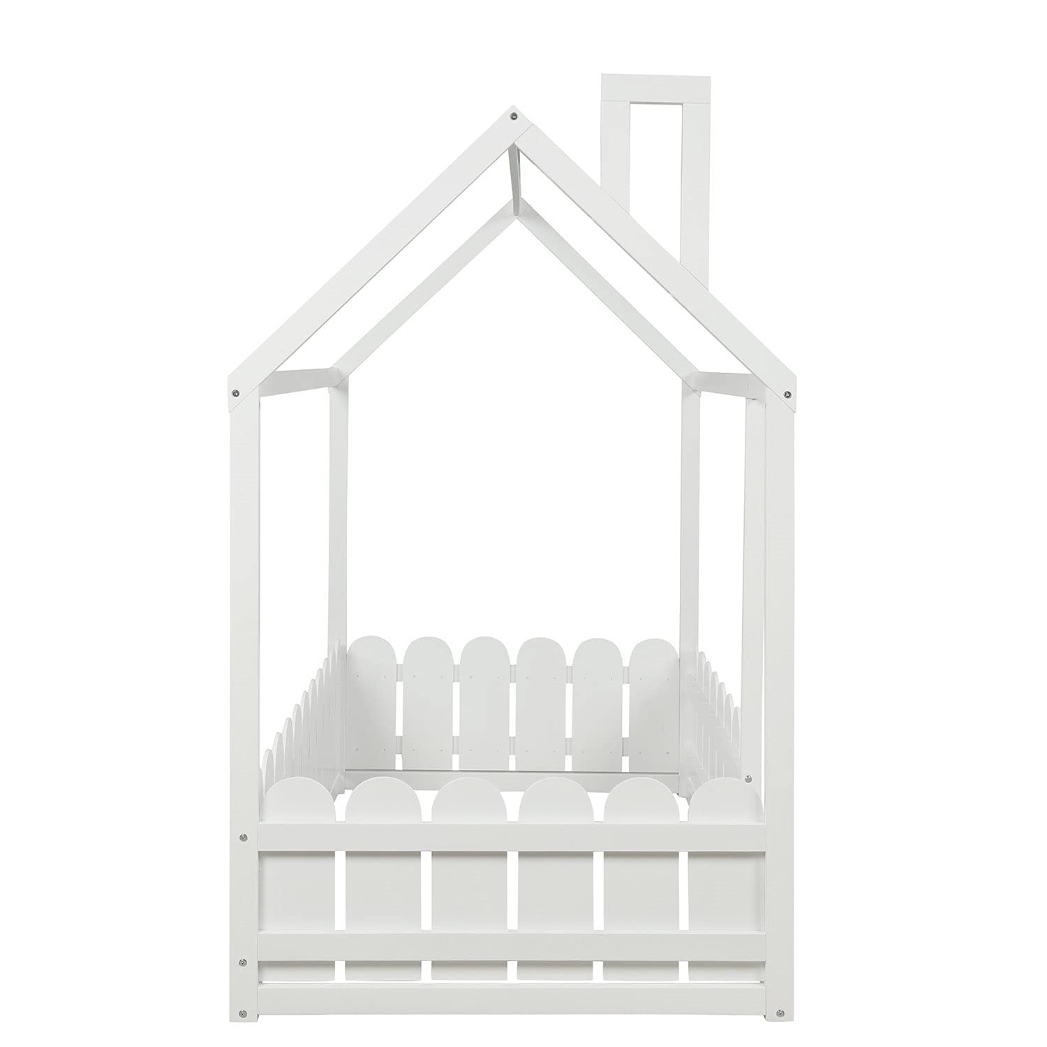 House-Shaped Kids Bed Frame - Twin Size Wooden Floor Bed with Safety Fence for Toddlers, Children & Teens - Ideal for Montessori Bedrooms & Playrooms (White, Slats Not Included)
