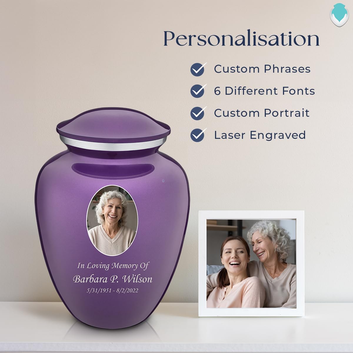 Personalized Picture Cremation Urn for Human Ashes - Large Purple Photo Urn for Adults (Holds 200 lbs) | Memorial Keepsake for Loved Ones | Perfect for Funeral Services & Home Memorial Displays