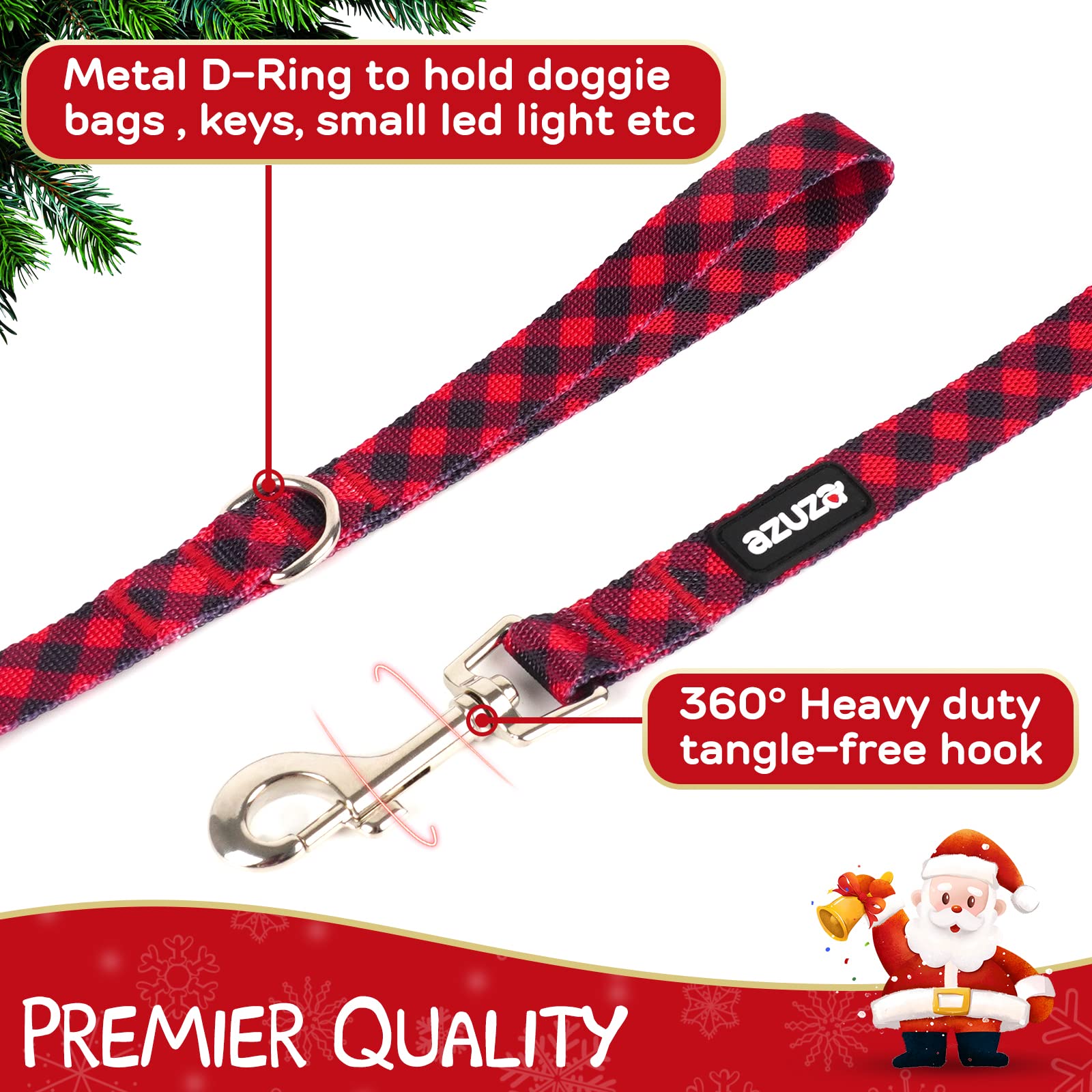 Azuza 3 Pack Christmas Nylon Dog Leashes - Strong & Durable Buffalo Check Pet Leash with Easy Snap Hook for Puppies & Small Dogs XS (6FT, 3/8