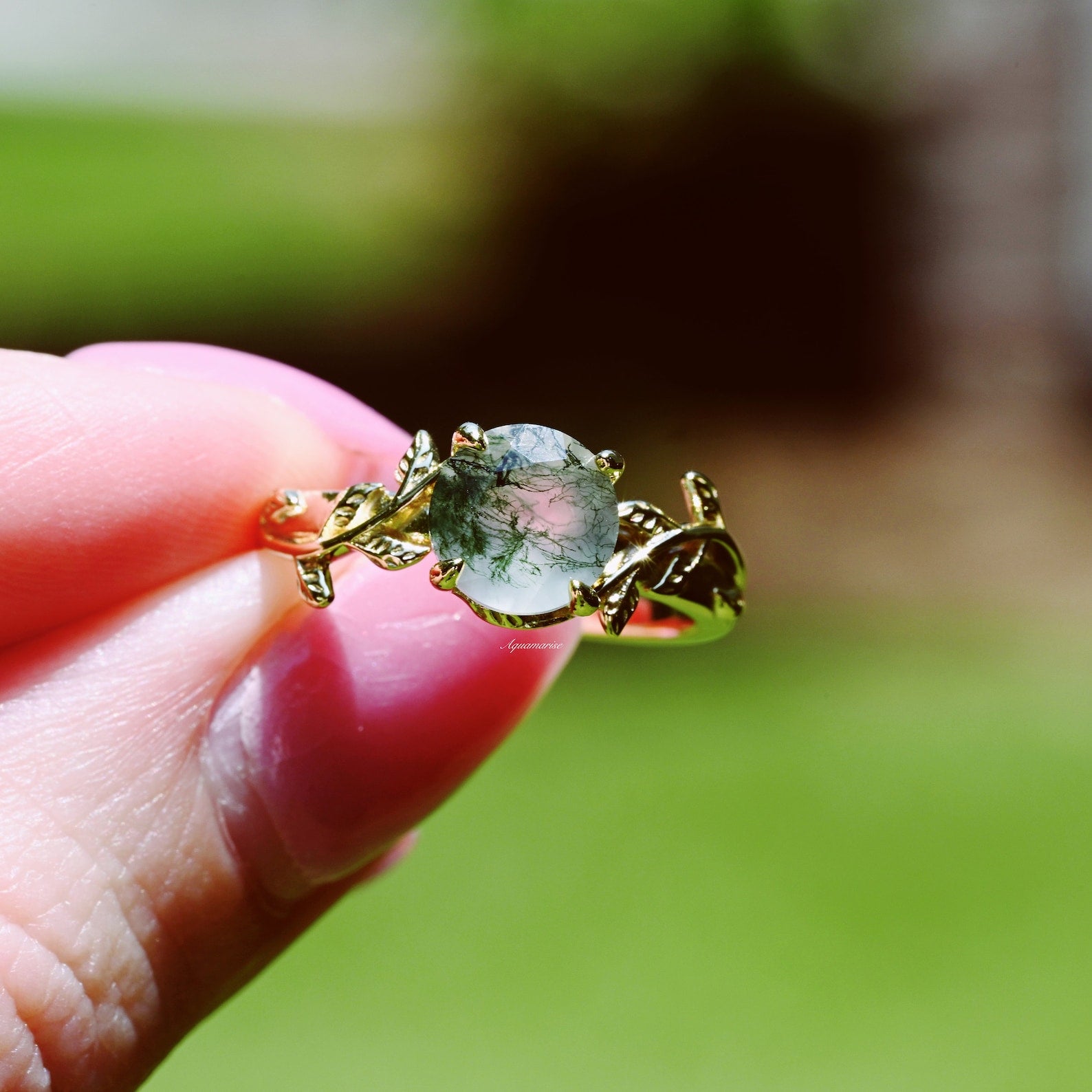 Natural Moss Agate Leaf Engagement Ring - 14K Yellow Gold Vermeil Wedding Band for Women, Nature-Inspired Jewelry for Brides, Anniversary Gifts & Boho Style Accessories | Perfect for Outdoor Weddings, Beach Proposals & Everyday Boho Fashion