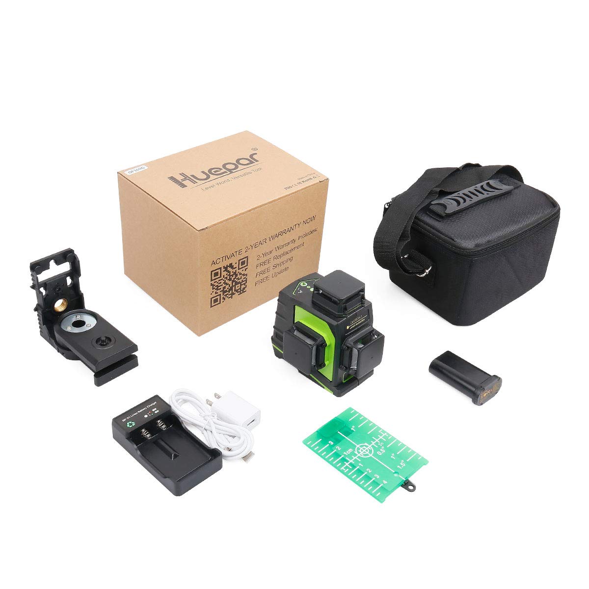 Huepar GF360G 3D Green Beam Self-Leveling Laser Level with 3 x 360° Cross Lines - Two Vertical & One Horizontal Plane Alignment Tool - Magnetic Pivoting Base for Construction, Tiling, and DIY Projects