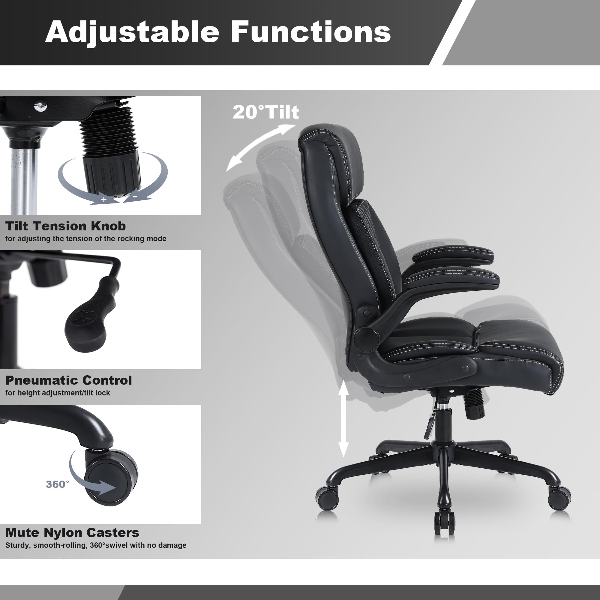 Premium Ergonomic Executive Office Chair - PU Leather Computer Desk Chair with Lumbar Support, Adjustable Height & Flip-Up Armrests - Home Office Chair for Comfort & Productivity - Perfect for Long Work Hours & Video Conferencing