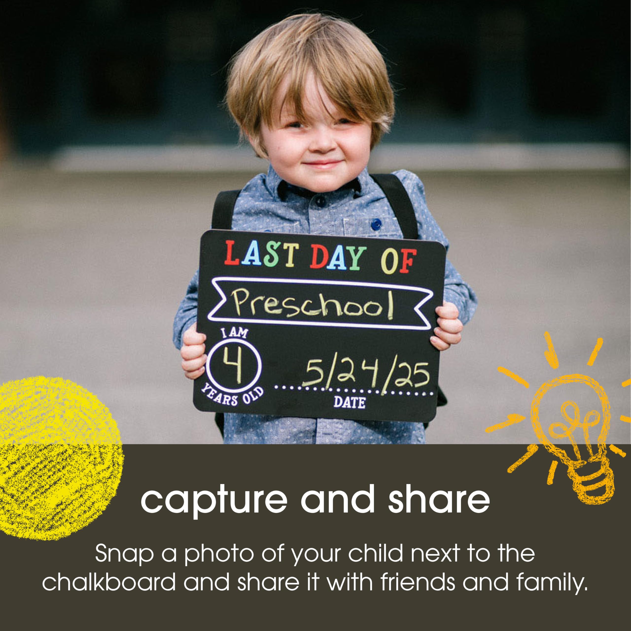 Pearhead First and Last Day Chalkboard Signs - Reusable & Erasable Photo Prop for School Milestones (Includes 2 Chalkboards + White & Yellow Chalk) - Perfect for Back-to-School, Graduation & Yearly Growth Photos