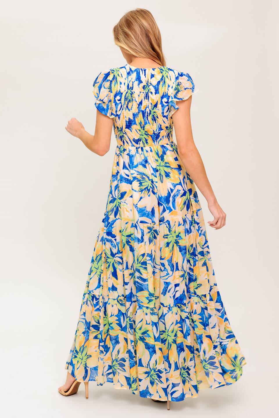 BRIDGEPORT Blue Floral Maxi Dress for Women - Summer Boho Beach Dress with Long Sleeves - Perfect for Vacation, Party & Casual Wear
