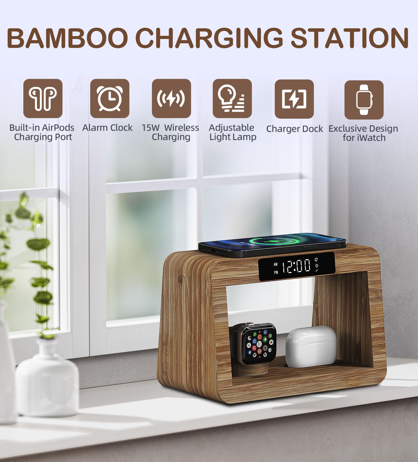 15W Fast Wireless Charging Station with LED Clock & Adjustable Desk Lamp - 3 Color Night Light, Bamboo Charging Dock for iPhone 14/13/12, AirPods, Apple Watch - Perfect Bedside Organizer for Home & Office Gifts (Men & Women)