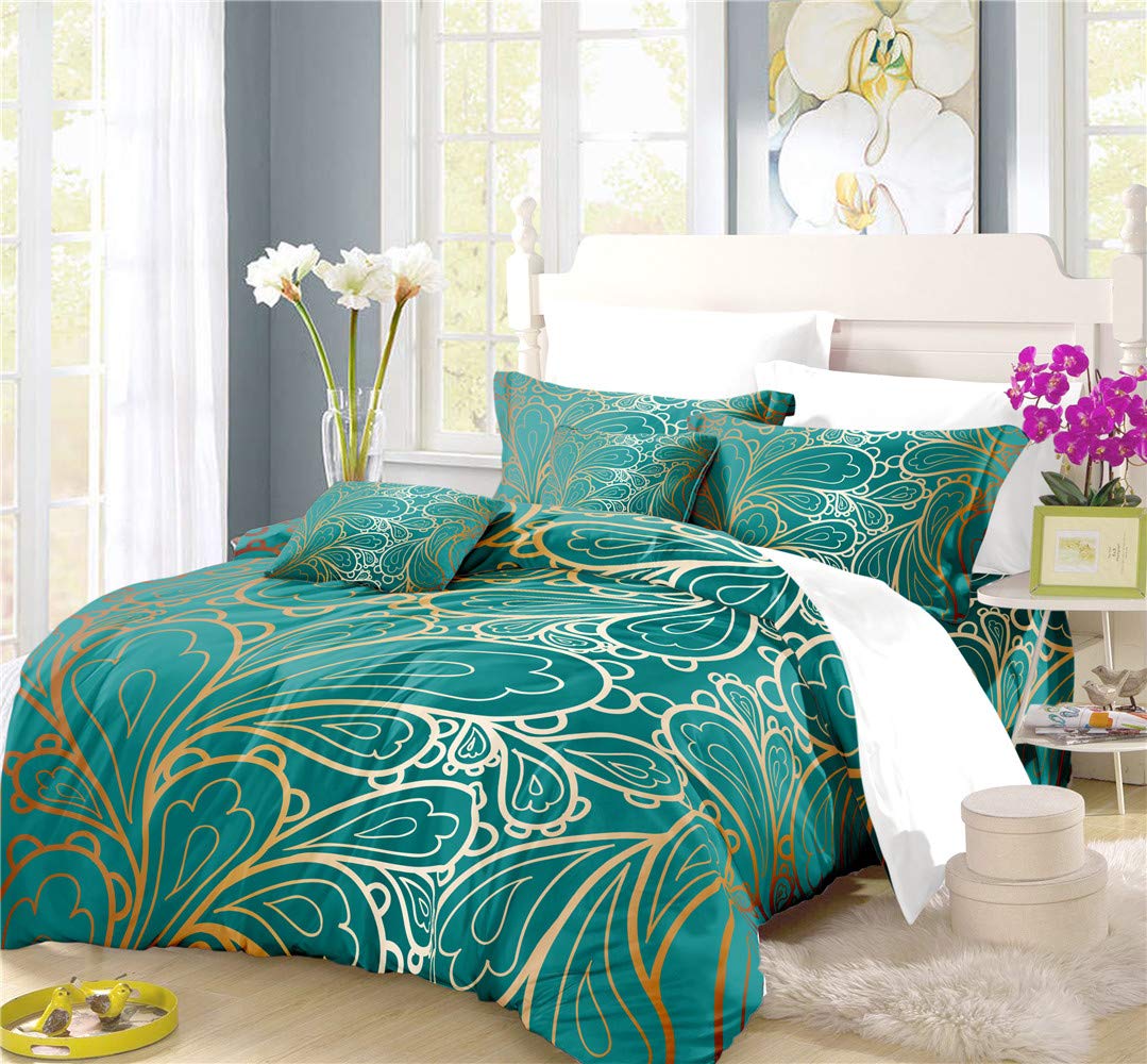 Peacock Feather Duvet Cover Set - Soft & Stylish Bedding for Twin, Full, Queen & King Size Beds | 3-4 Piece Set with Duvet Cover & Pillow Shams (Queen Size, 4PC) | Perfect for Master Bedroom Decor & Guest Room Luxury
