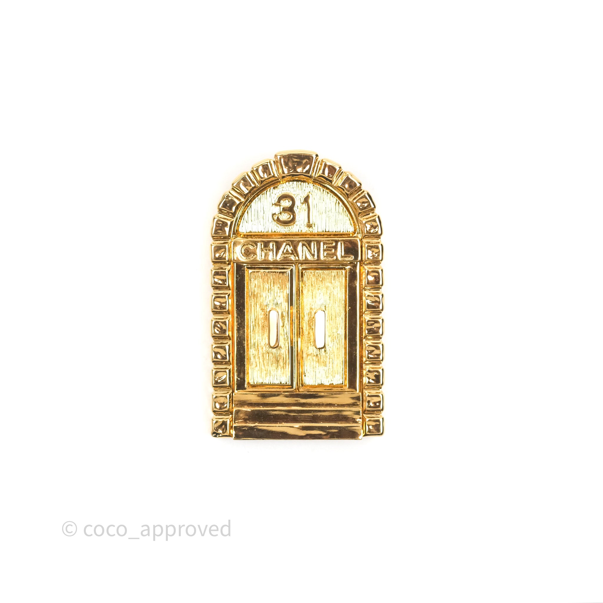 Chanel 31 Rue Cambon Gold Tone Door Brooch Pin - Elegant Fashion Accessory for Women | Perfect for Special Occasions, Parties and Gift Giving
