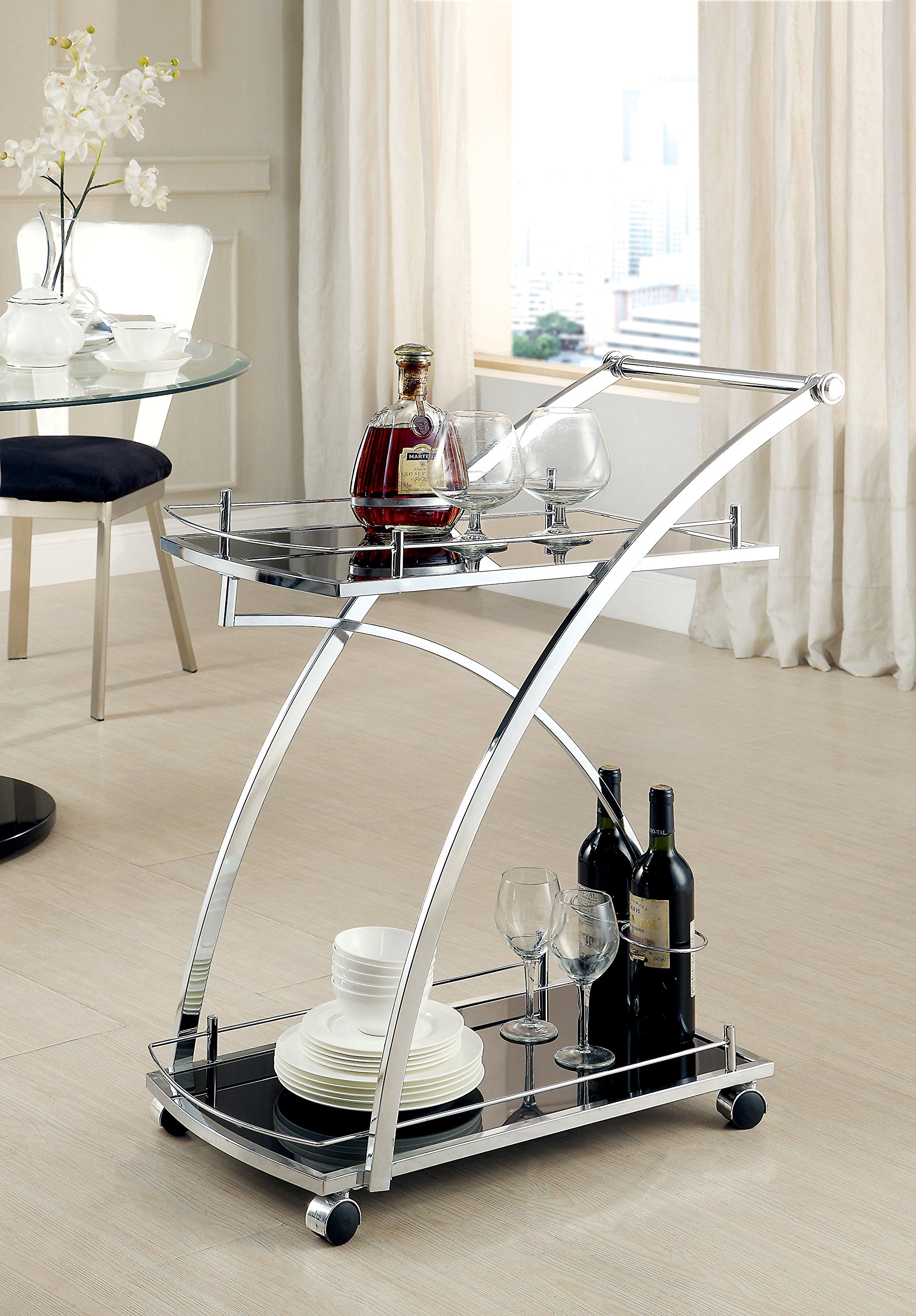 Furniture of America Brisbane Contemporary Chrome Serving Cart - Modern Kitchen & Dining Utility Cart for Serving, Storage & Entertaining