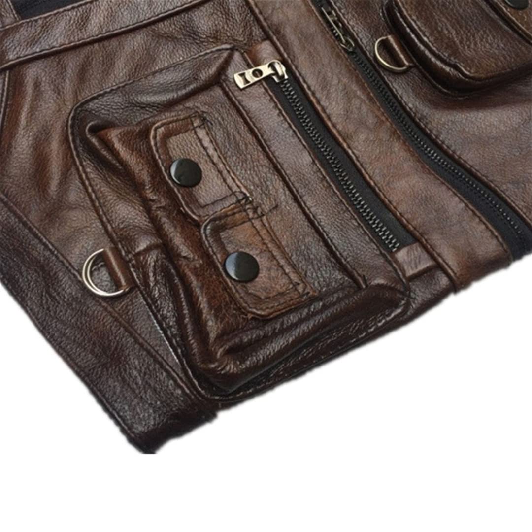 Men's Multi-Pocket Leather Vest - Thick Motorcycle Waistcoat with Zipper, Sleeveless Jacket for Bikers & Outdoor Enthusiasts | Perfect for Riding, Travel & Casual Wear