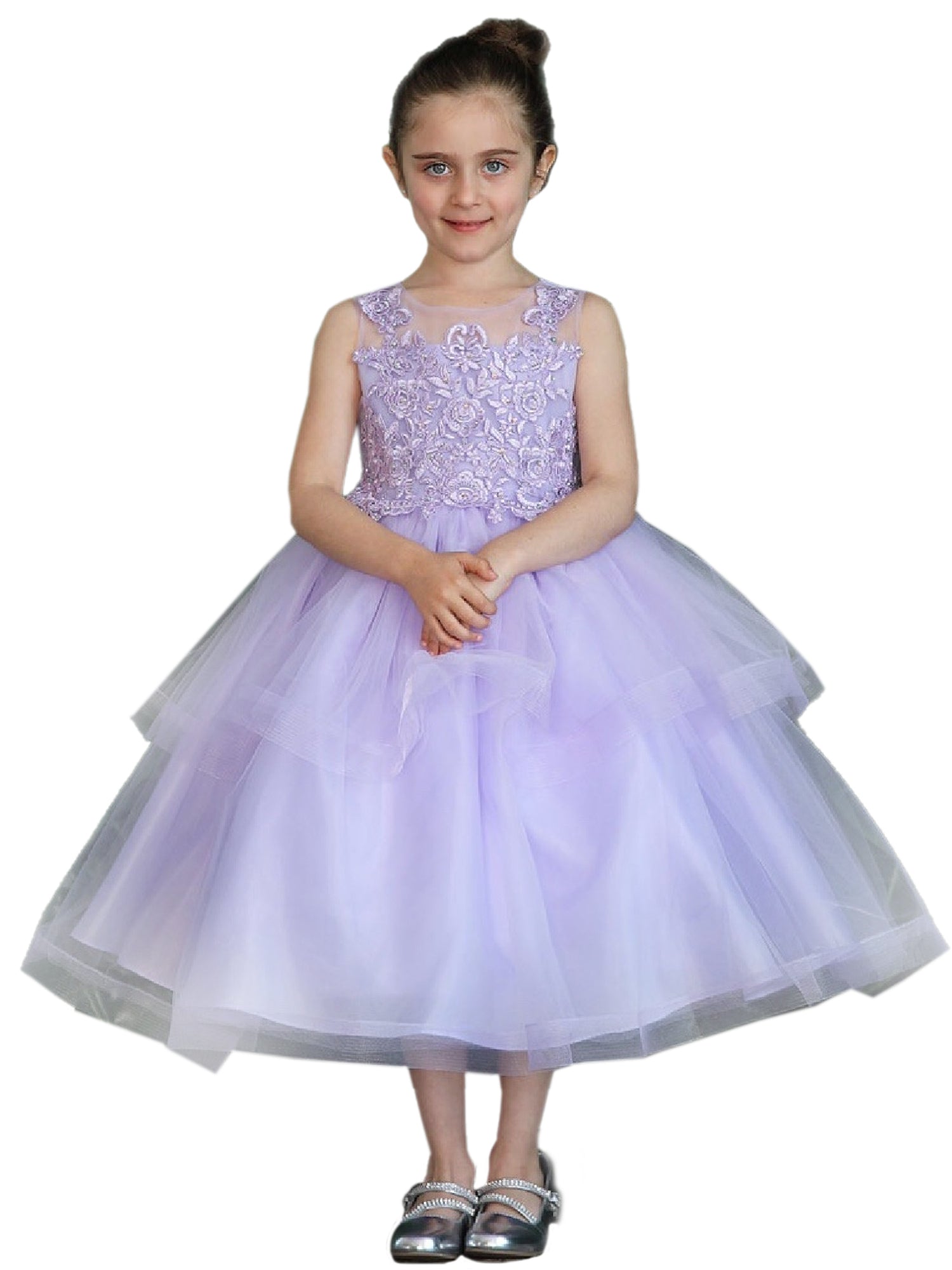 Lilac Illusion Neckline Lace Organza Junior Bridesmaid Dress for Big Girls - Size 8-16 - Perfect for Weddings, Prom & Formal Events
