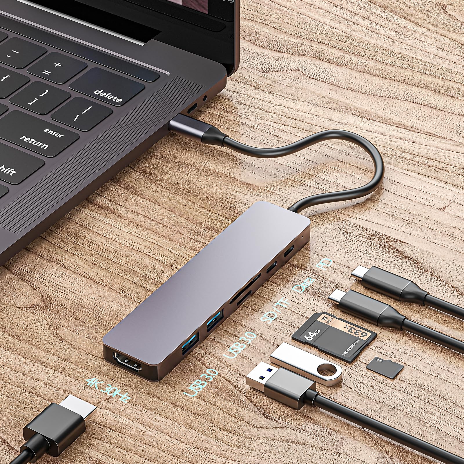 Paopaoldm 7-in-1 Aluminum USB C Hub with USB 3.0 Ports, SD/TF Card Reader, 100W PD Charging - Compact Multi-Port Adapter for MacBook Pro/Air, iPad Pro, Dell XPS - Perfect for Home Office, Travel & Gaming