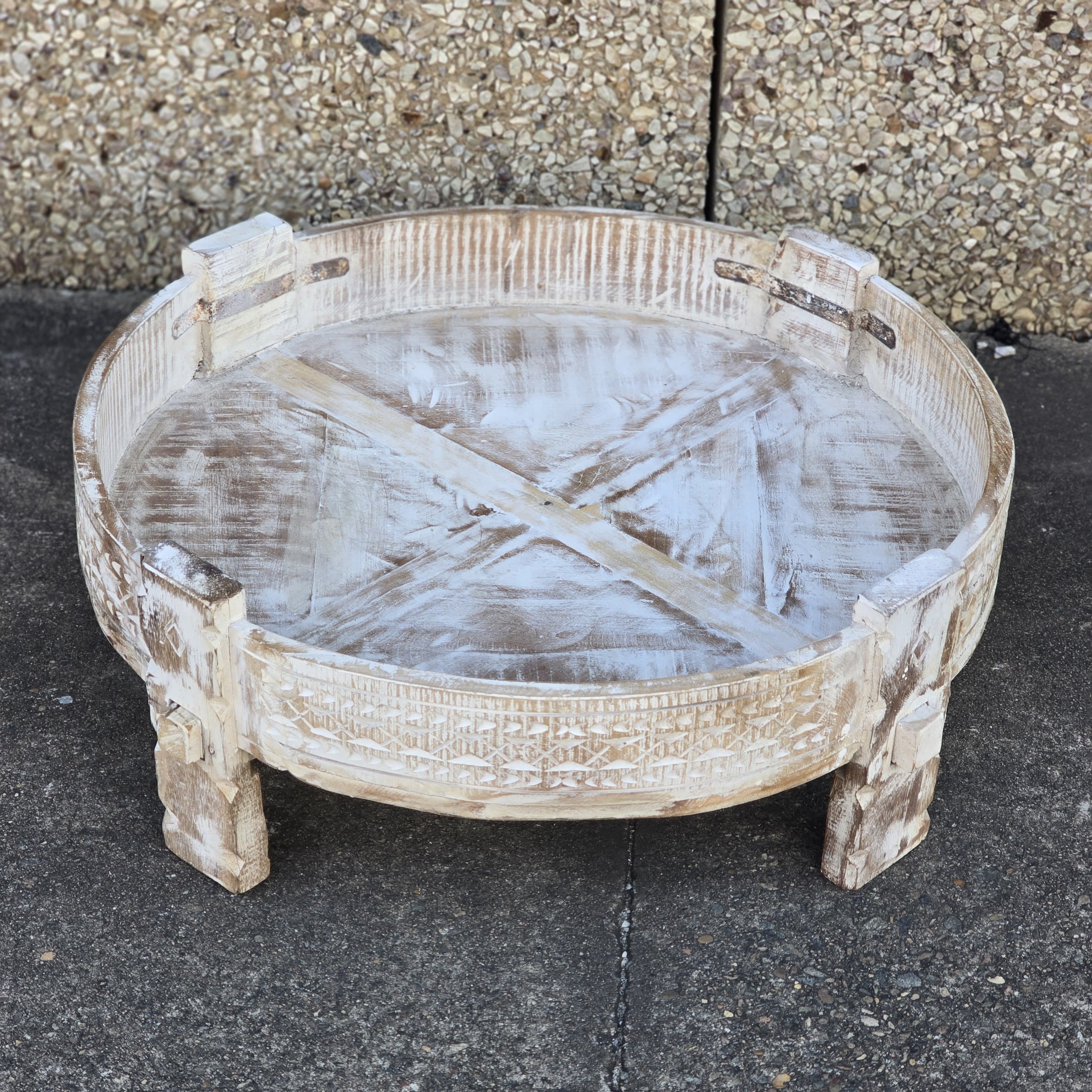 Handmade Solid Wood Indian Coffee Table - Traditional Chakki Grinder Design, 30x30x10 Inches - Perfect for Living Room, Lounge & Boho Home Decor