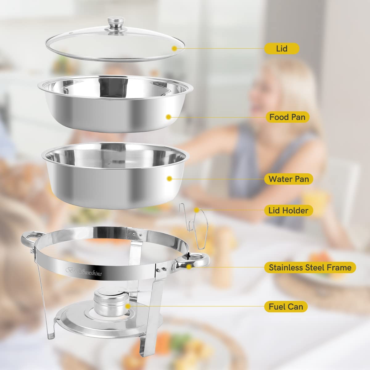 Stainless Steel 5 QT Round Chafing Dish Buffet Set - 4 Pack with Glass Lid & Holder | Food Warmer for Catering, Weddings, Parties & Buffet Events | Keep Food Hot for Home, Restaurant & Outdoor Gatherings