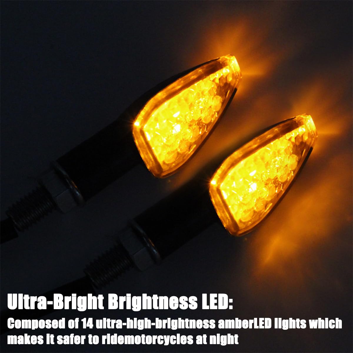 BESULEN 4Pcs Motorcycle Turn Signal Lights - 14 LED 12V Amber Indicator Blinkers for Front & Rear, Black LED Stalk Arrow Lights - Perfect for Harley, Honda, Yamaha & Cruiser Bikes