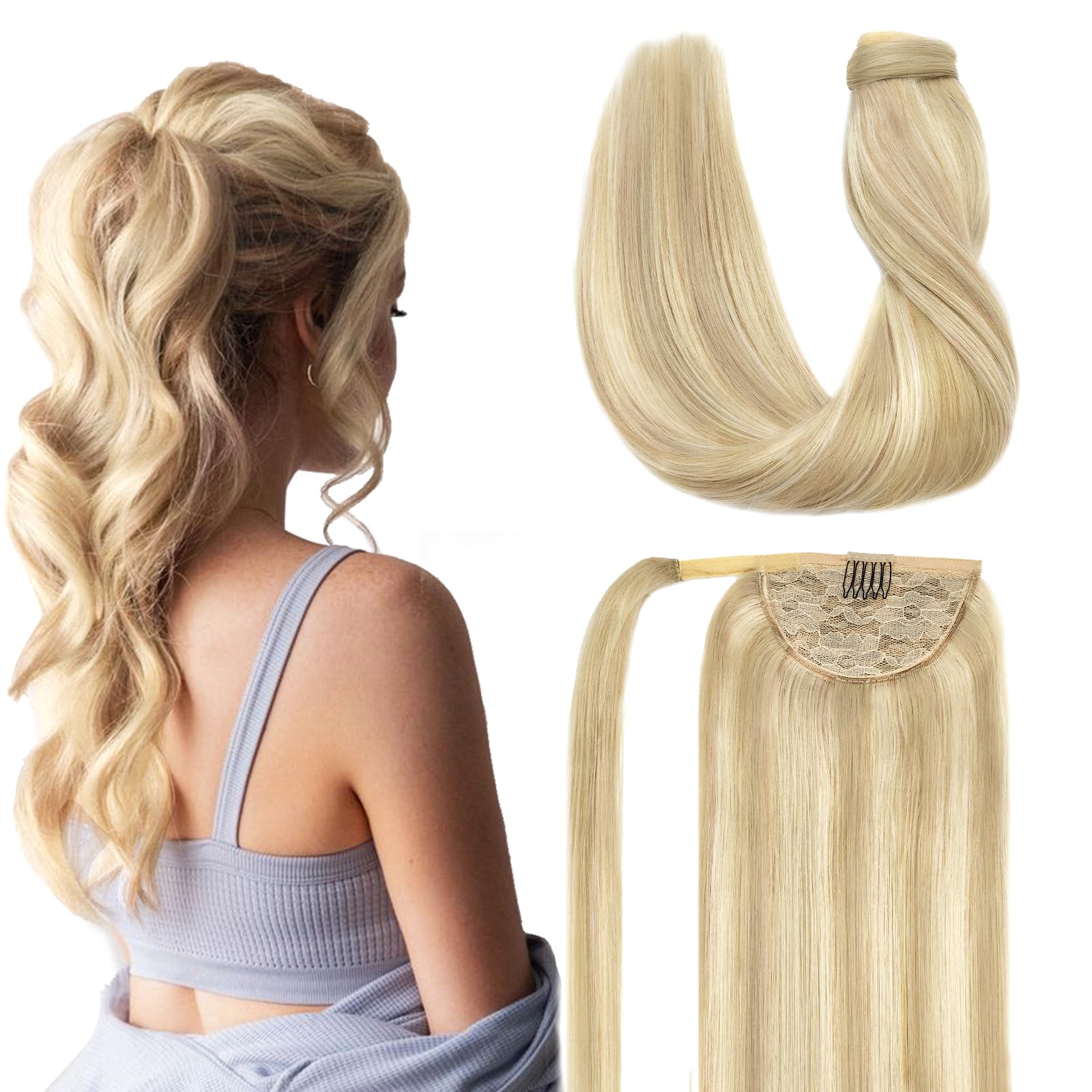 DOORES 20 Inch Clip-in Ponytail Hair Extensions - 90g Real Human Hair, Silky Straight, Balayage Dark Blonde with Highlights | Perfect for Daily Wear, Parties, and Special Occasions