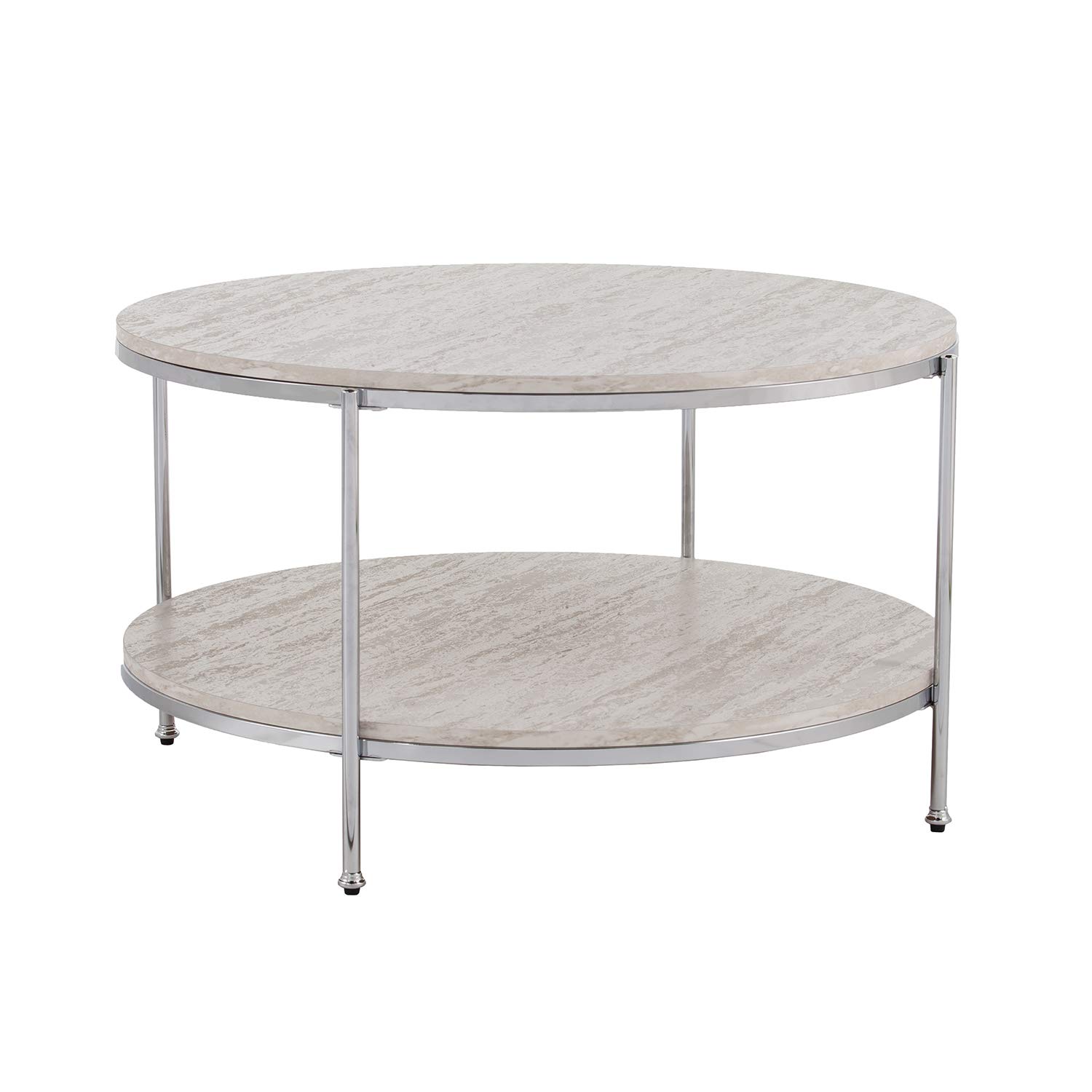 Silas Round Faux Stone Coffee Table with Chrome Base - Modern Living Room Center Table for Small Spaces, Perfect for Apartments and Condos