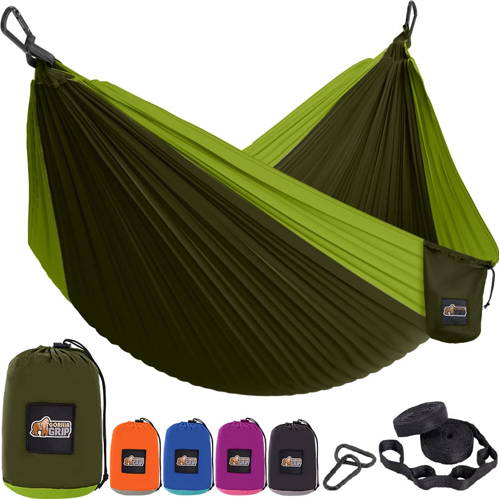 GORILLA GRIP Heavy Duty Camping Hammock - 400lb Capacity Portable Travel Hammock with Tree Straps | 10x6.5 FT Green Outdoor Hammock for Backpacking, Beach, Yard & Patio Relaxation