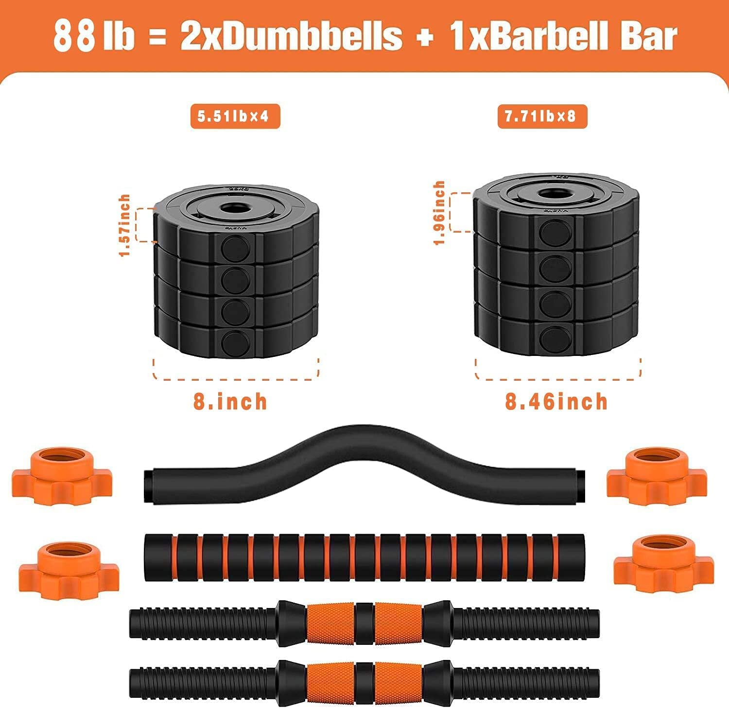 86 lbs BOSWELL 3-in-1 Adjustable Dumbbell & Barbell Set with Non-Slip Neoprene Grip - Home Gym Workout Equipment for Men & Women - Strength Training, Weight Lifting & Fitness Exercises for Home, Office or Garage Gym