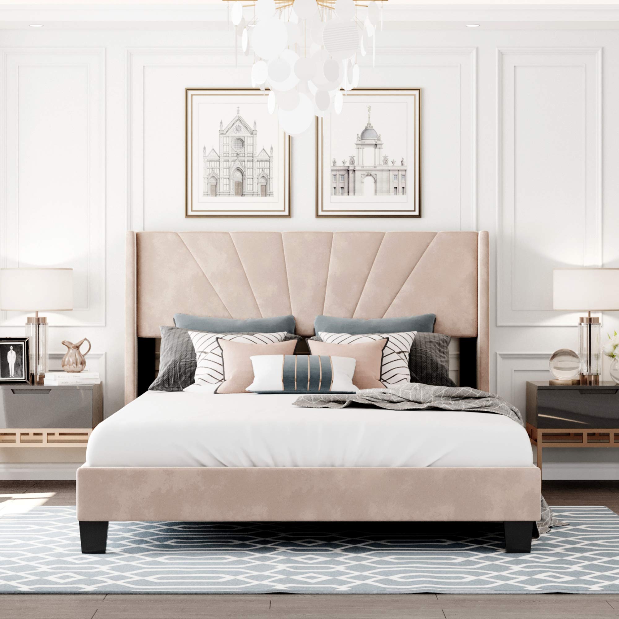 Queen Size Velvet Upholstered Wingback Platform Bed Frame with Headboard - Heavy Duty Metal Support, No Box Spring Needed - Luxurious Bedroom Furniture for Master Suite & Guest Room (Beige)
