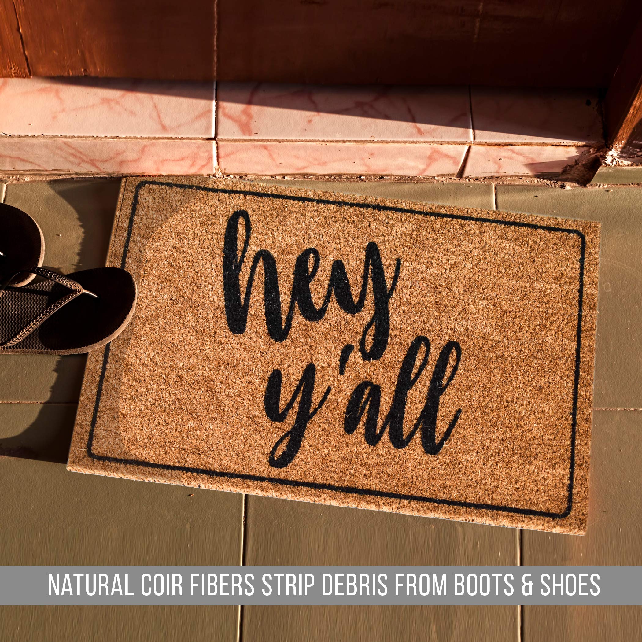 Hey Y'all Natural Coir Doormat - 29.5 x 17.5 Inch Non-Slip Entryway Rug for Farmhouse, Porch & Front Door - Welcome Mat for Southern Homes & Country Decor