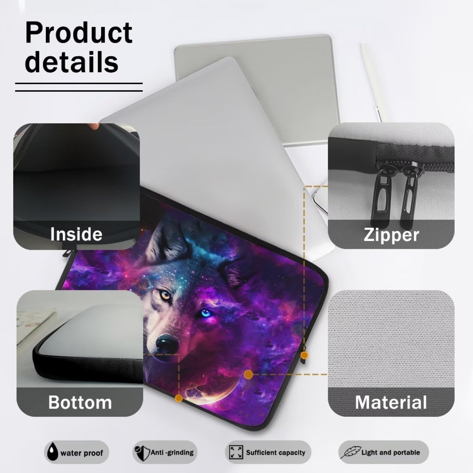 Galaxy Wolf Laptop Sleeve Bag for 17 Inch Laptops - Durable Double Zipper Computer Carrying Case for Men - Perfect for Work, Travel & School Accessories