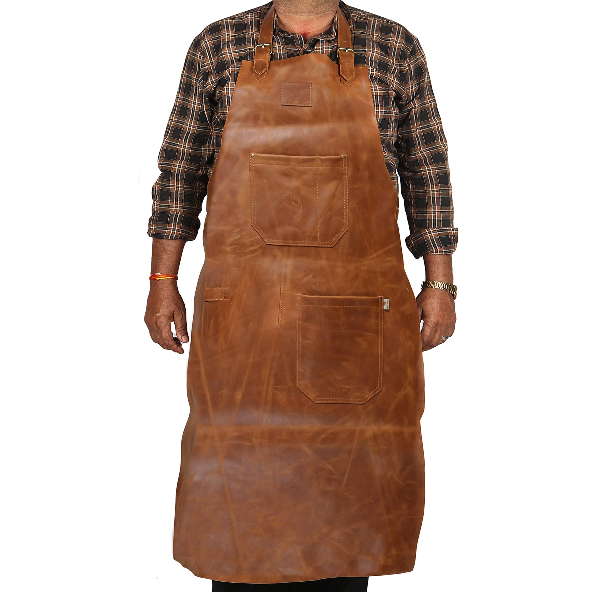 D DOLLY LAMB Premium Leather Apron - Heat & Flame Resistant Heavy Duty Work Apron with Adjustable Straps & Multiple Pockets - Perfect for BBQ, Grilling, Welding & Kitchen Cooking