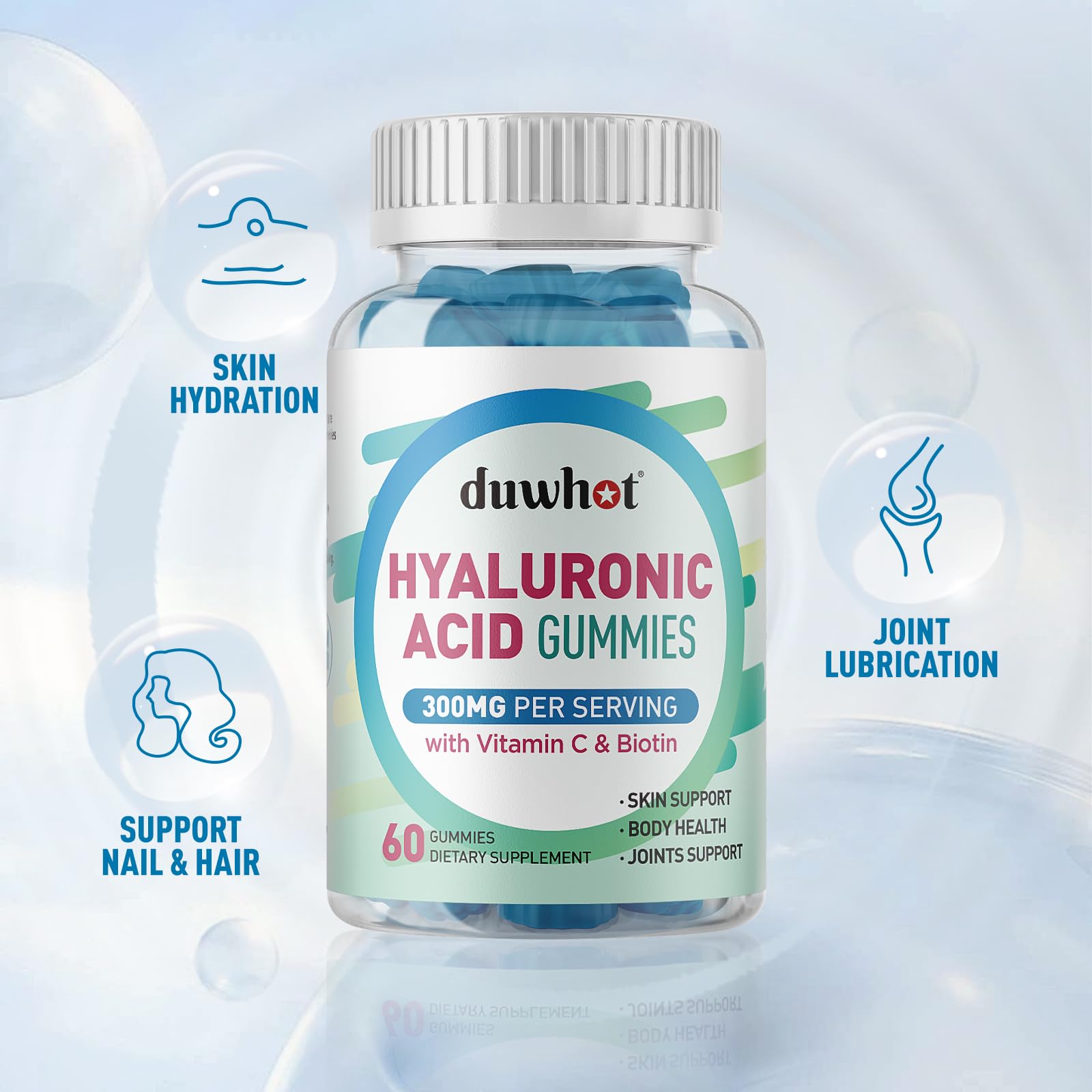 Hyaluronic Acid Gummies with Vitamin C & Biotin 5000mcg - Skin, Hair & Nails Supplement - 60 Chewable Gummies for Hydration & Collagen Support | Perfect for Daily Beauty Routine & Anti-Aging Care