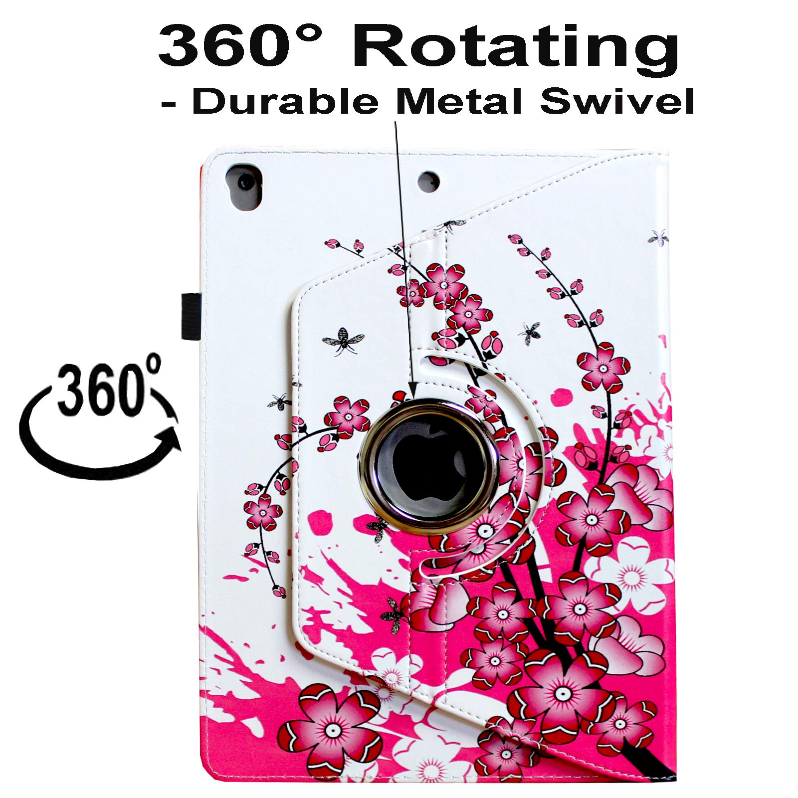Premium 360° Rotating Smart Cover Case for iPad 9.7 (2018/2017) & iPad Air 1/2 - Multi-Angle Stand with Storage Pocket & Apple Pencil Holder | Auto Wake/Sleep Function | Perfect for Work, Study & Travel (Pink Floral Design)