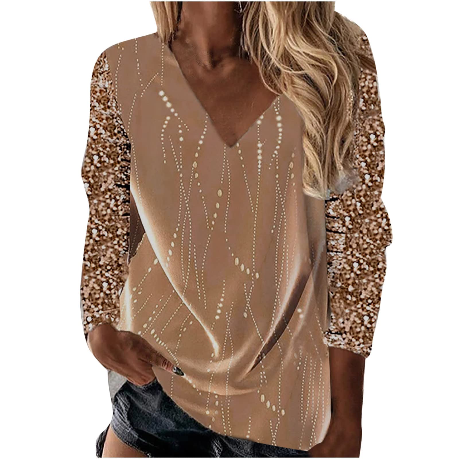 Sparkly Sequins V-Neck Long Sleeve T-Shirt for Women - Printed Holiday Party Top with Comfy Loose Fit for Spring & Autumn (Perfect for Christmas, New Year Celebrations & Casual Outings)