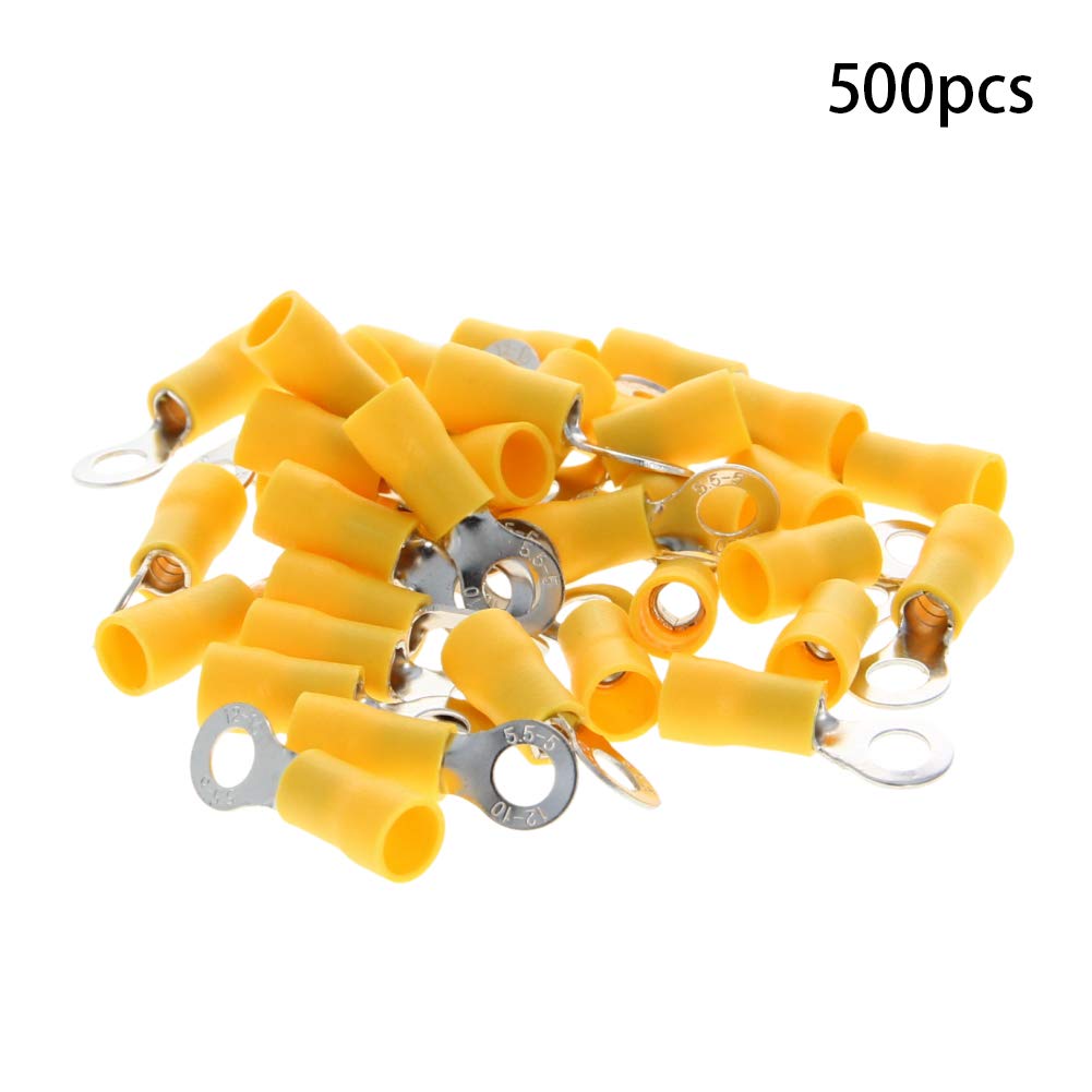 Fielect 500Pcs AWG12-10 M5 Insulated Ring Terminals Connectors - Yellow Electrical Wire Crimp Connectors for Automotive, Marine, and DIY Electrical Projects