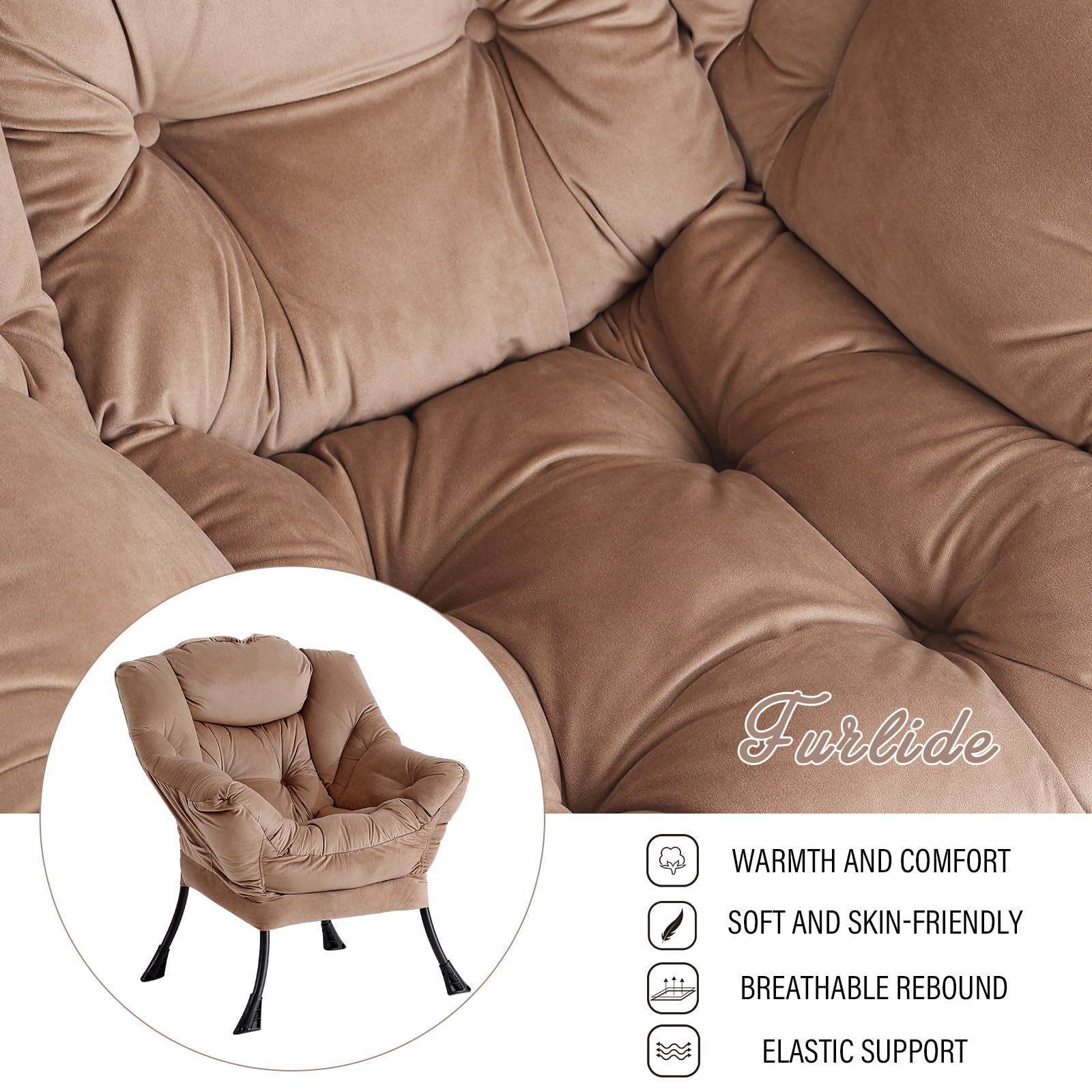 Modern Lazy Chair with Ottoman - Folding Footrest Lounge Accent Chair for Bedroom, Living Room & Study - Oversized Comfortable Reading Armchair - Perfect for Relaxing, Napping & Courtyard Lounging (Khaki)