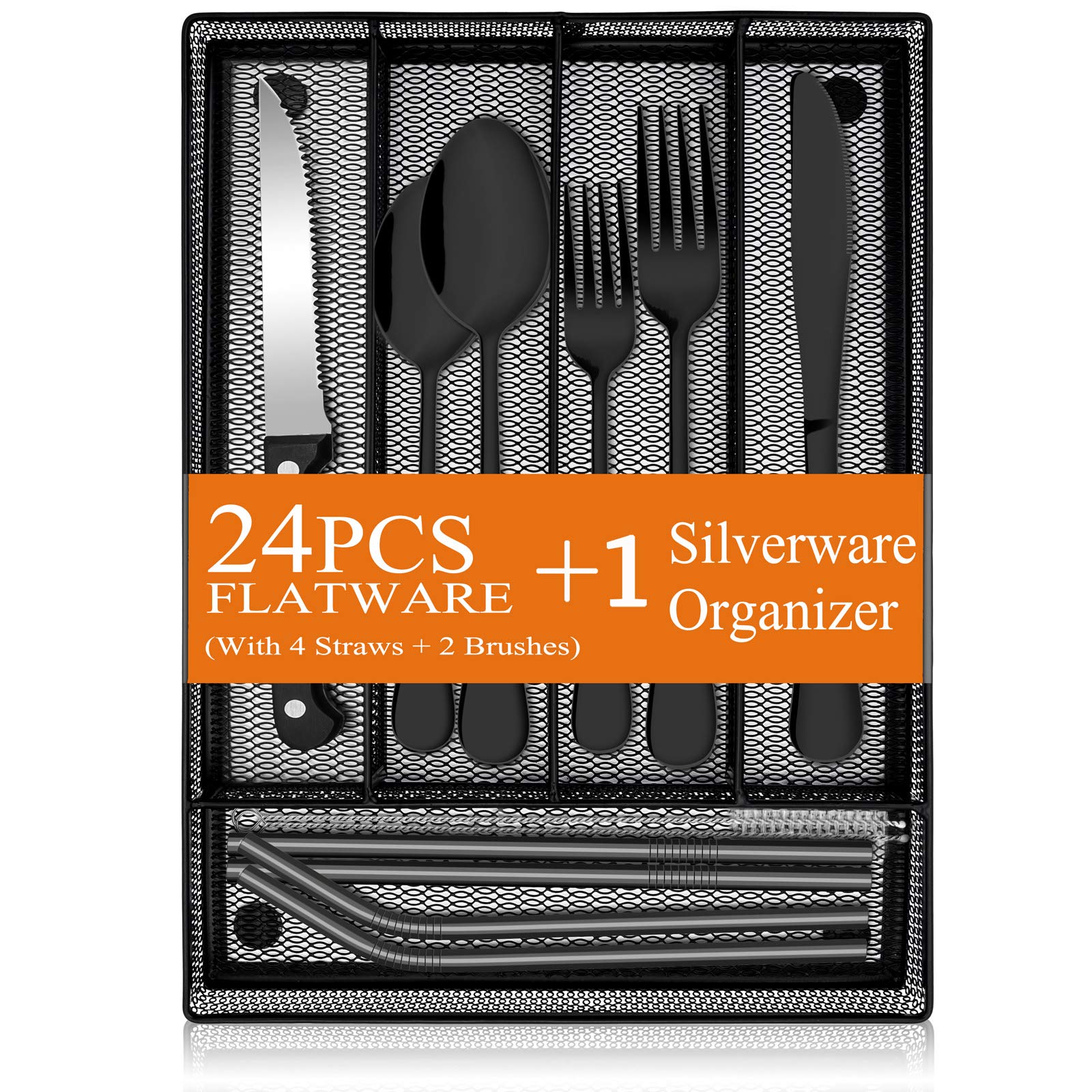 Premium 31-Piece Stainless Steel Flatware Set for 4 - Mirror Polish Silverware with Forks, Spoons, Knives & Steak Knives - Dishwasher Safe Cutlery Set with Utensil Organizer - Perfect for Dinner Parties, Restaurants & Home Dining (Black)