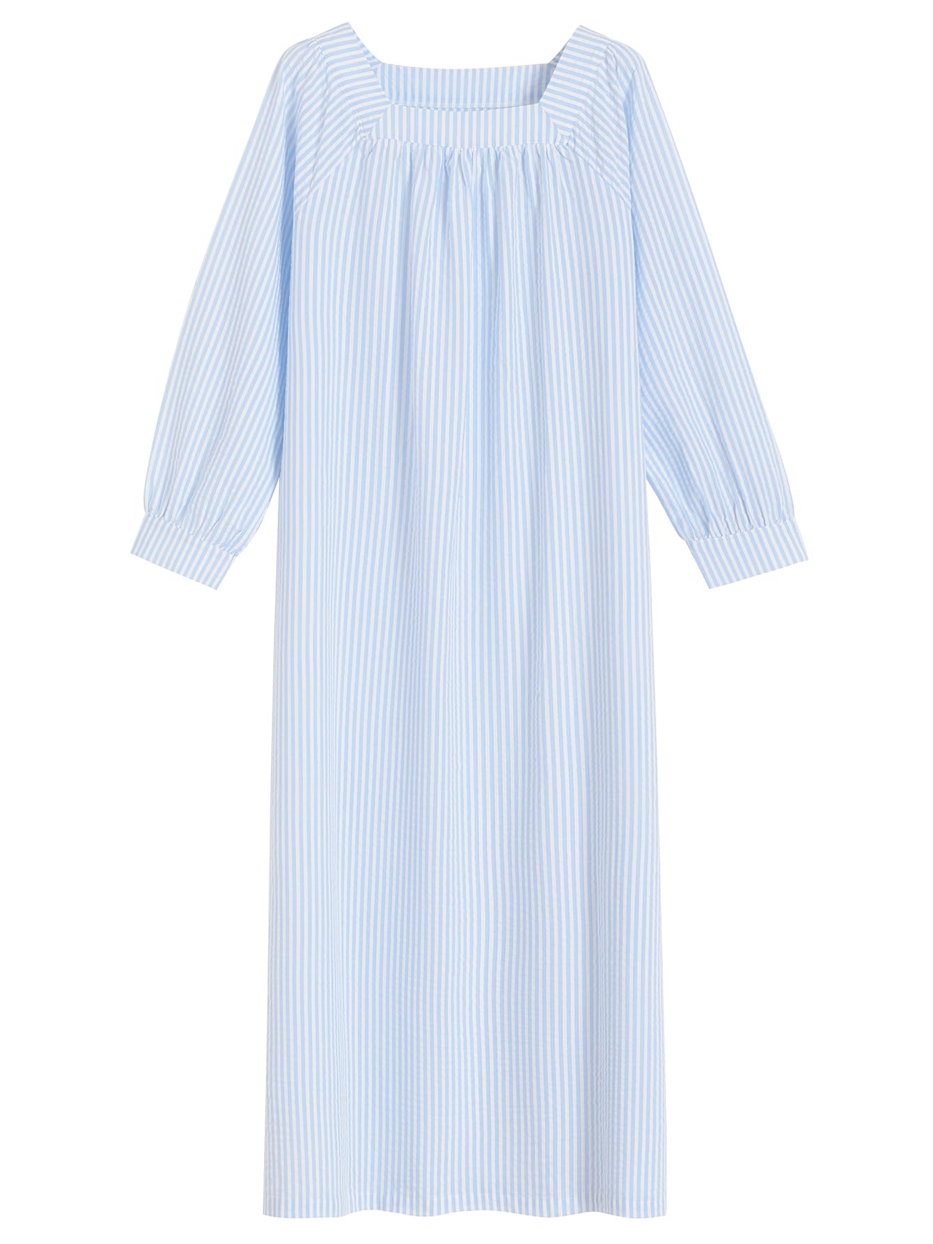 Soft Cotton Seersucker Nightgown for Women - Long Sleeve Full Length Sleepwear - Comfortable Loungewear for Relaxing at Home & Sleeping