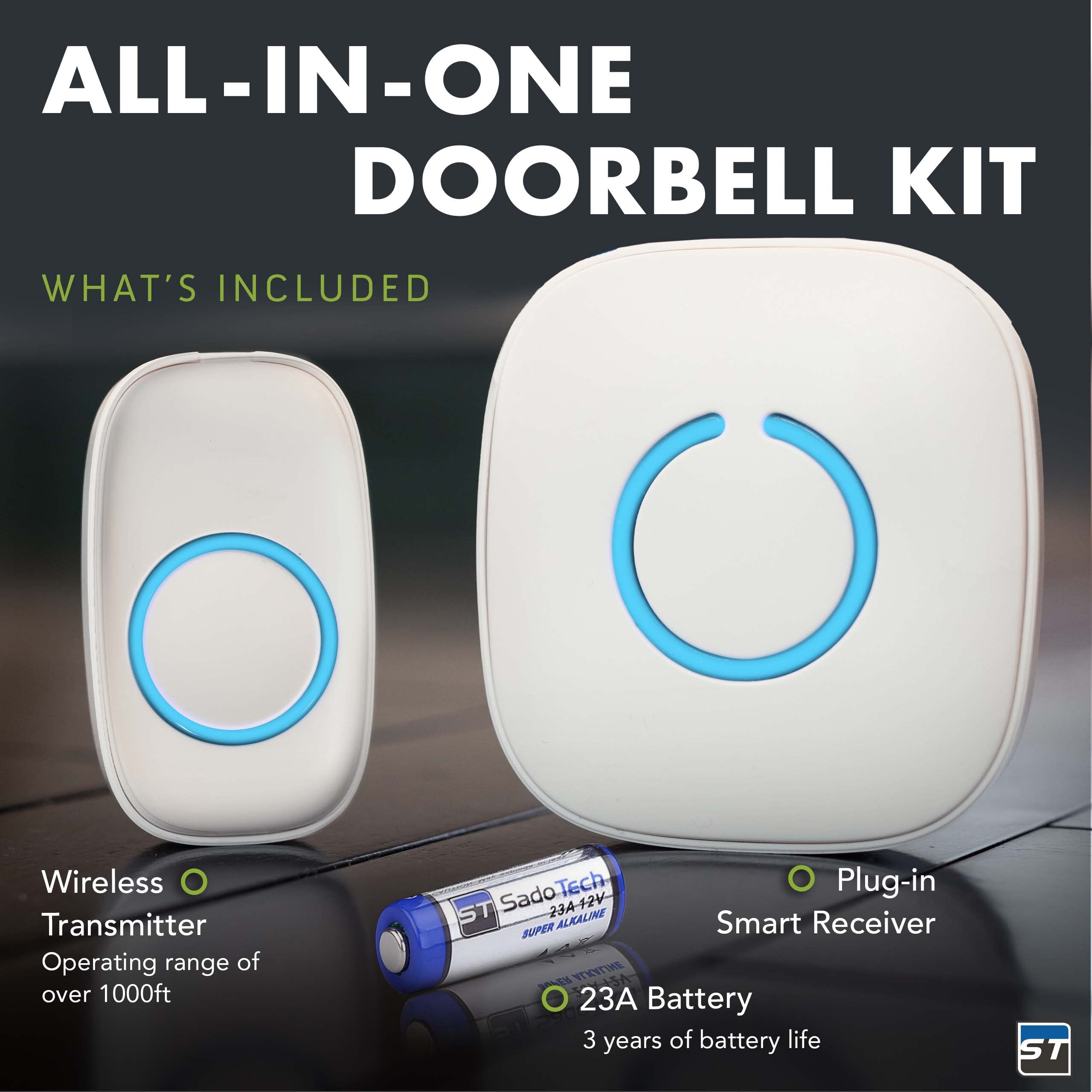 SadoTech Wireless Doorbell for Home - Battery Operated, 1000ft Range, LED Flash Alert, 1 Push Button & 2 Receivers, Matte Black - Perfect for Apartments, Houses & Offices