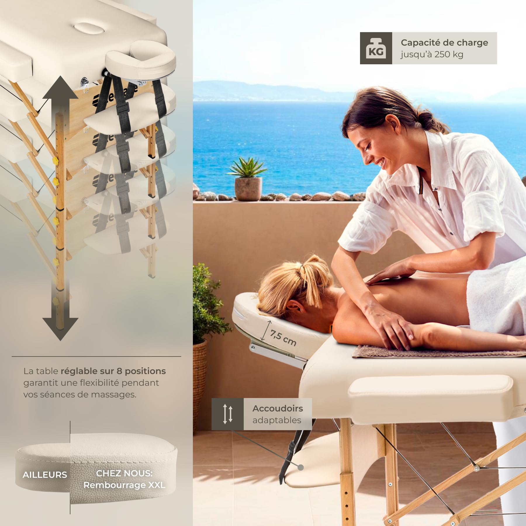 TecTake Foldable Massage Table with 7.5cm Padding, Professional Beauty Table with Ergonomic Armrest & Headrest, Includes Carrying Case - Beige | Perfect for Home Spa, Professional Massage Therapy & Salon Treatments