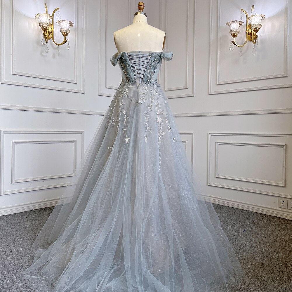 Serene Hill Grey Blue A-Line Sexy Strappy Skirt Cap Sleeve Luxury Beaded Evening Dress Gown for Women 2025 | LA71740 | Perfect for Cocktail Parties, Prom Nights & Formal Events