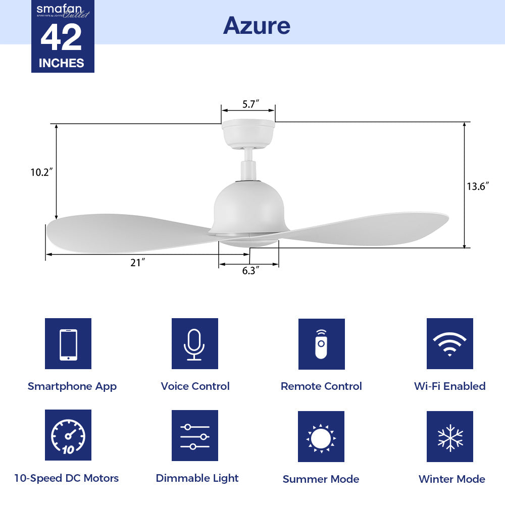 42 Inch Azure Modern Smart Ceiling Fan with LED Light & Remote Control - Perfect for Bedroom, Living Room & Home Office