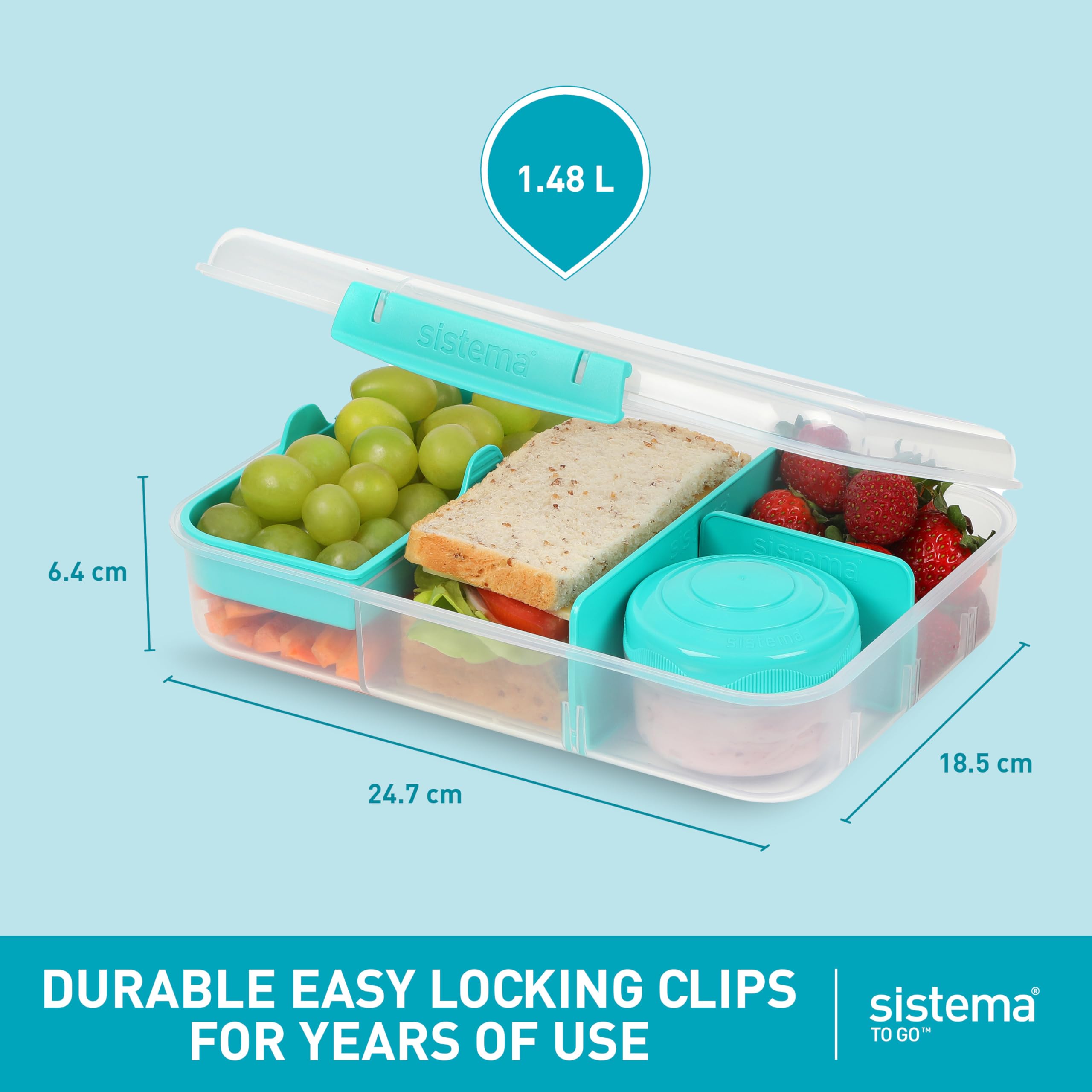 Sistema TO GO Bento Box - 1.48L Leak-Proof Lunch Container with Multiple Compartments & Snack Pot - BPA-Free Food Storage for School, Office, Picnics & Meal Prep - Mint Teal (1 Count)